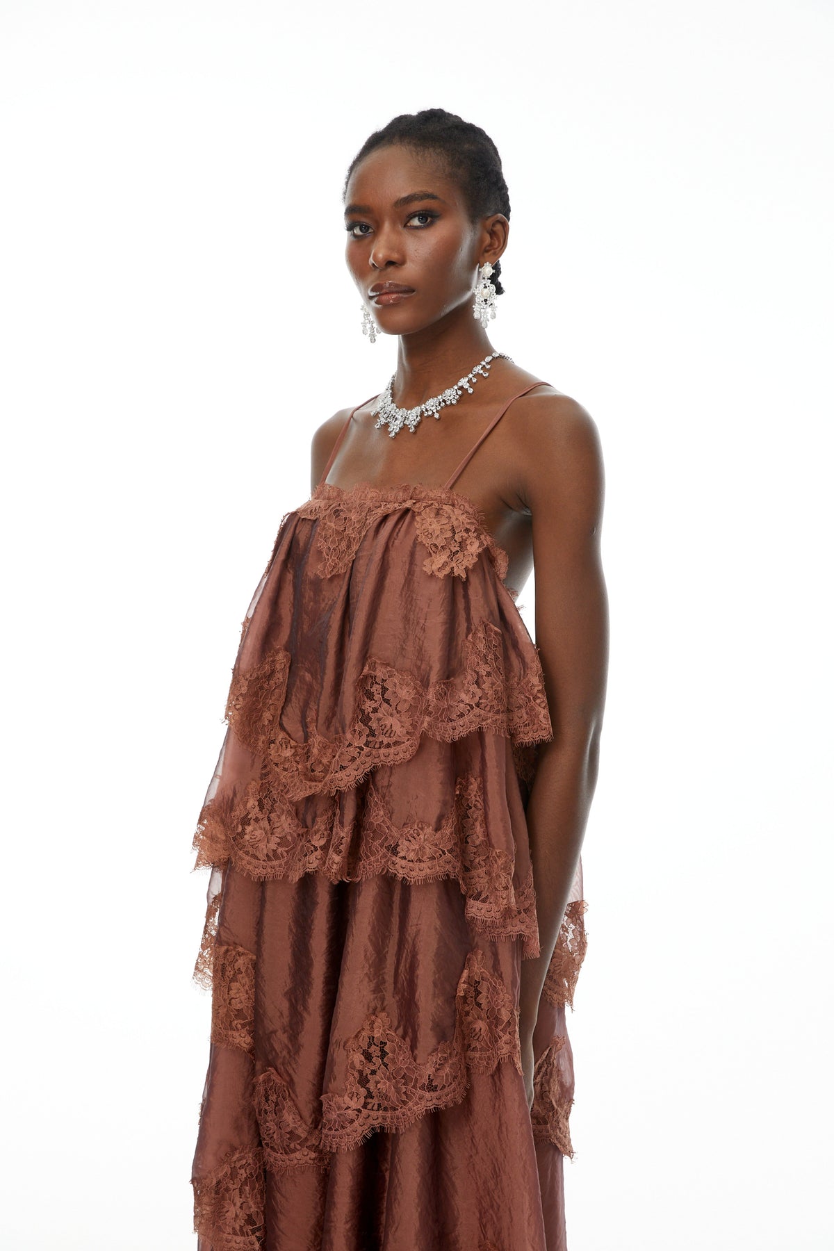 Sloane Brown Ruffled Lace Trim Maxi Dress (Final Sale-US Only)