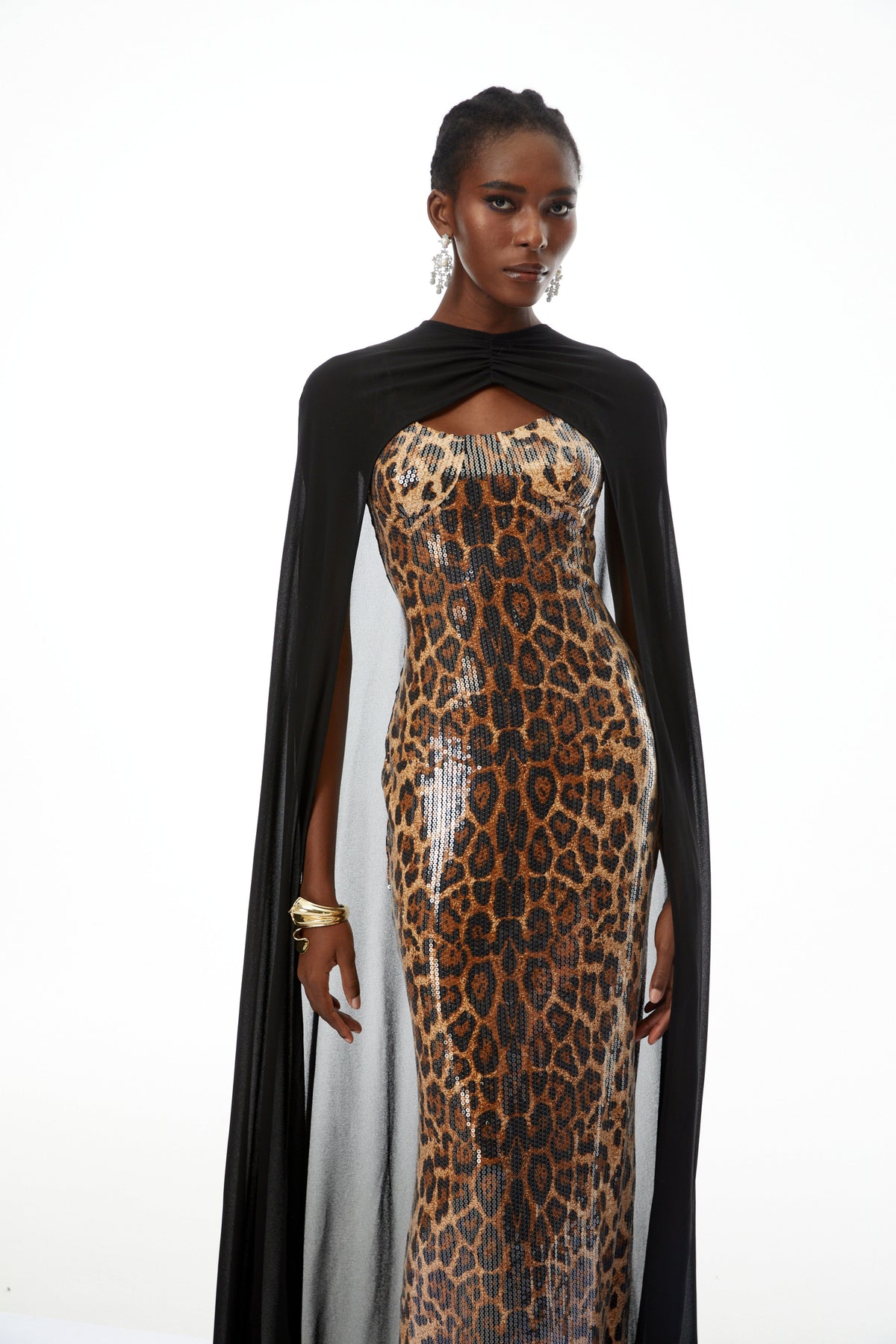 Lorenzo Black Cape & Leopard Print Maxi Dress Set (Final Sale-US Only)