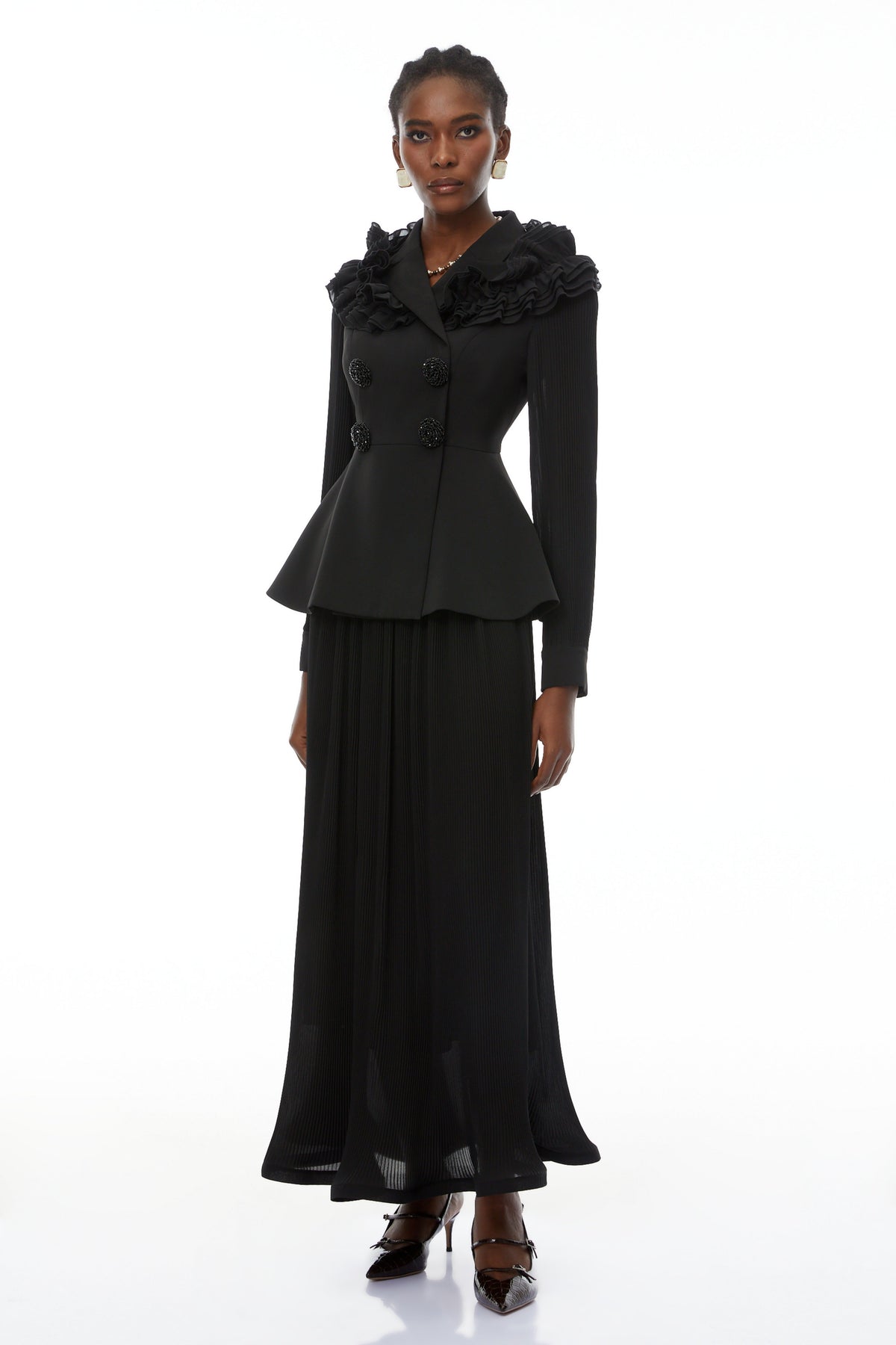 Prudence Black Ruffled Blazer & Pleated Skirt Set