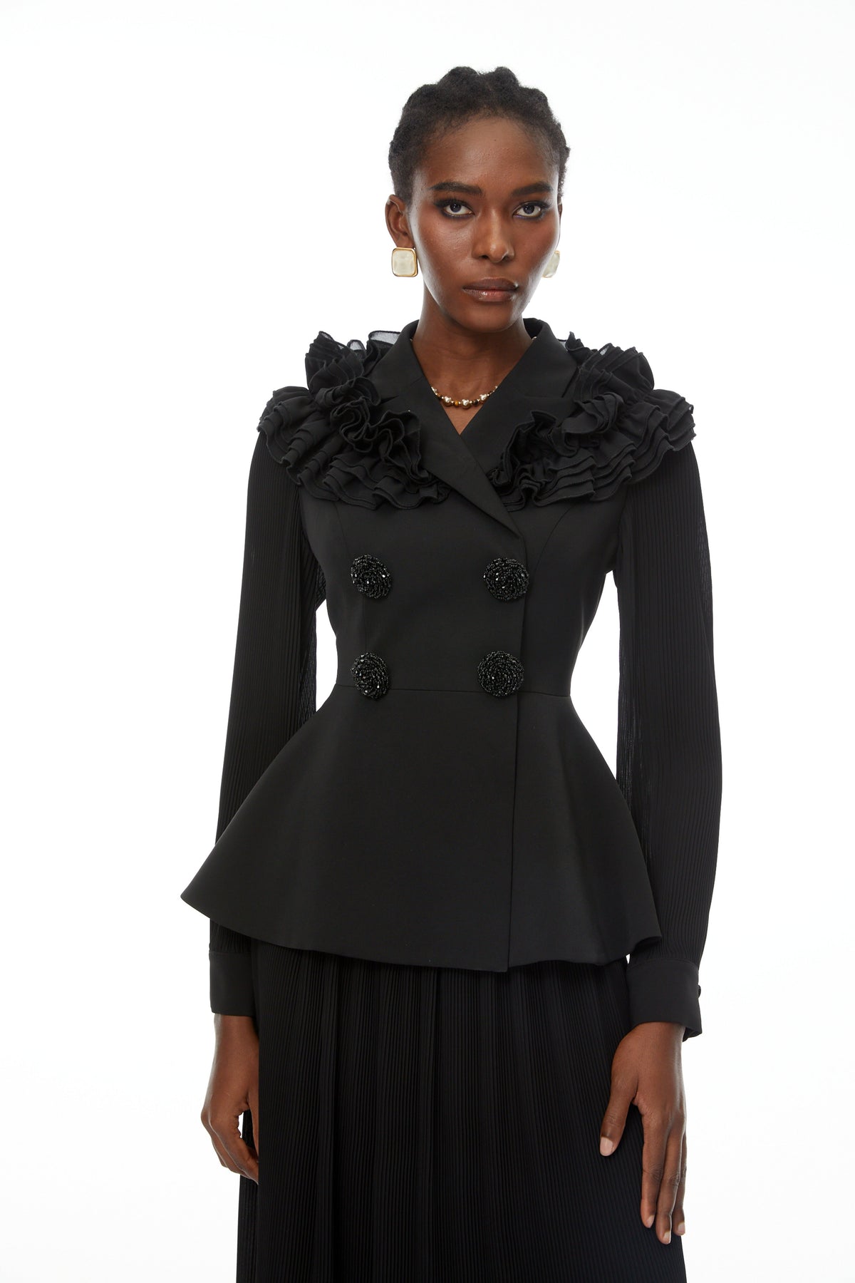 Prudence Black Ruffled Blazer & Pleated Skirt Set