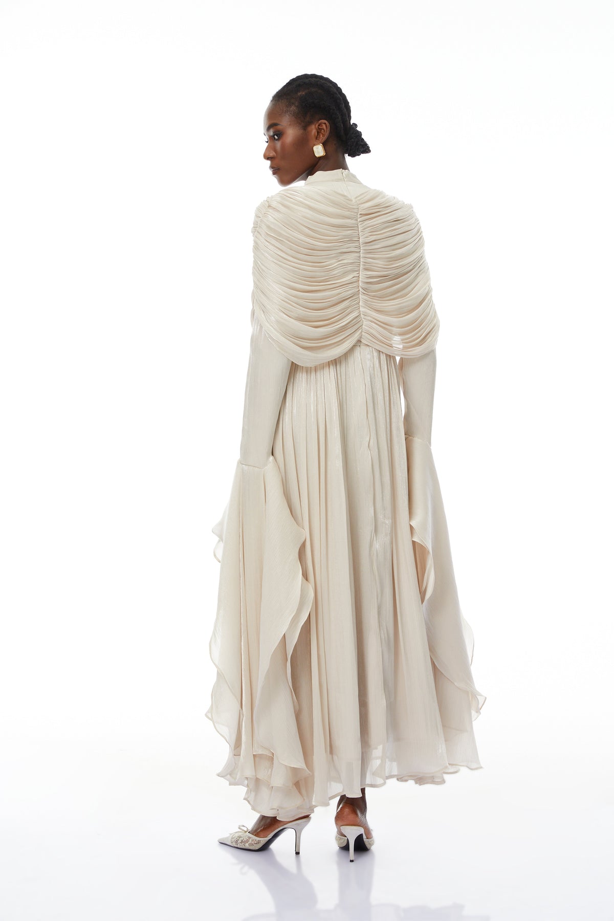 Gustave Neutral Ruched Cape Ruffled Maxi Dress (Final Sale-US Only)