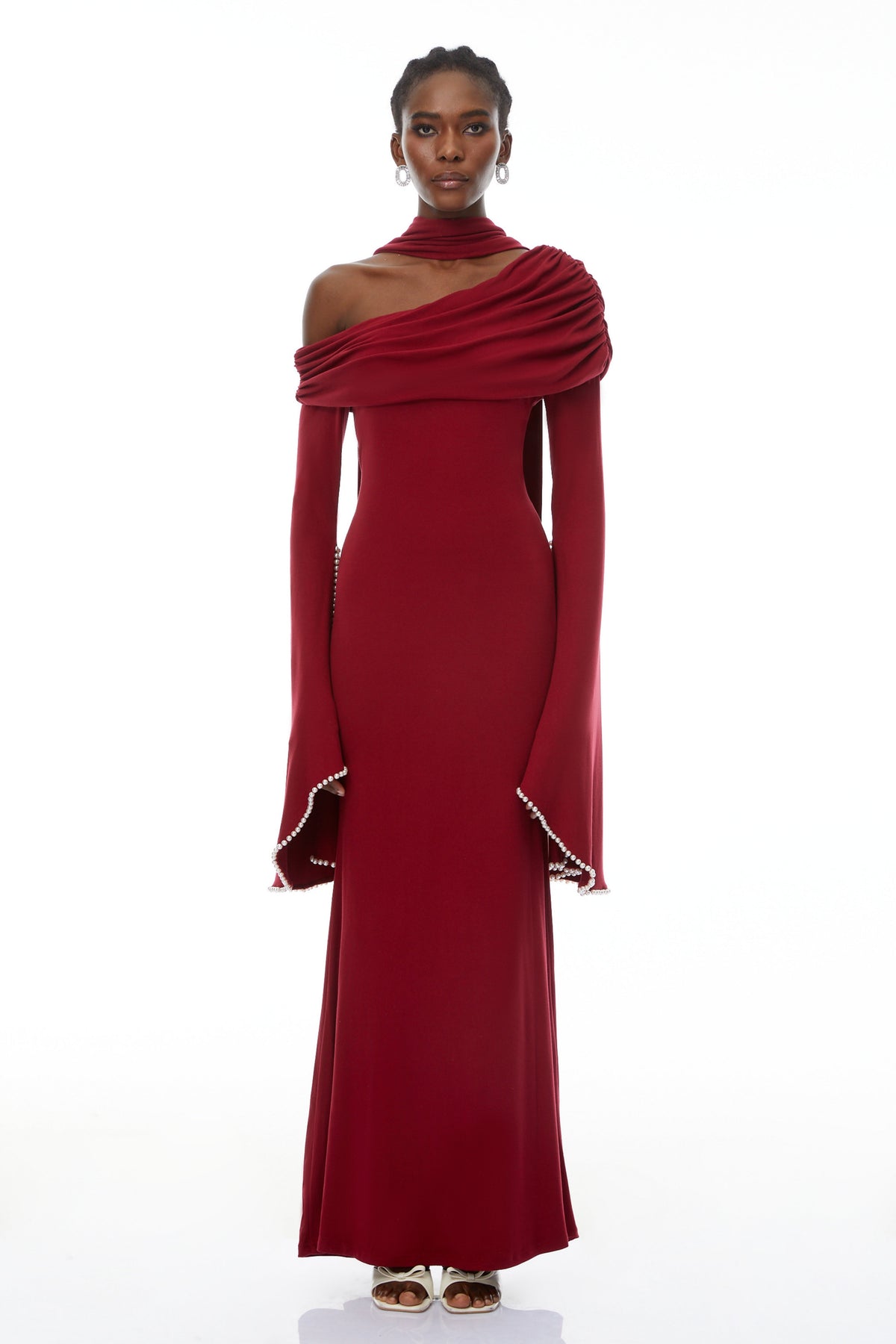 Simona Burgundy One Shoulder Pearl Trim Maxi Gown (Final Sale-US Only)