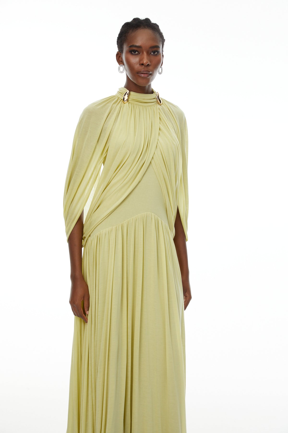 Bergljot Green Cape Design Mesh Maxi Dress