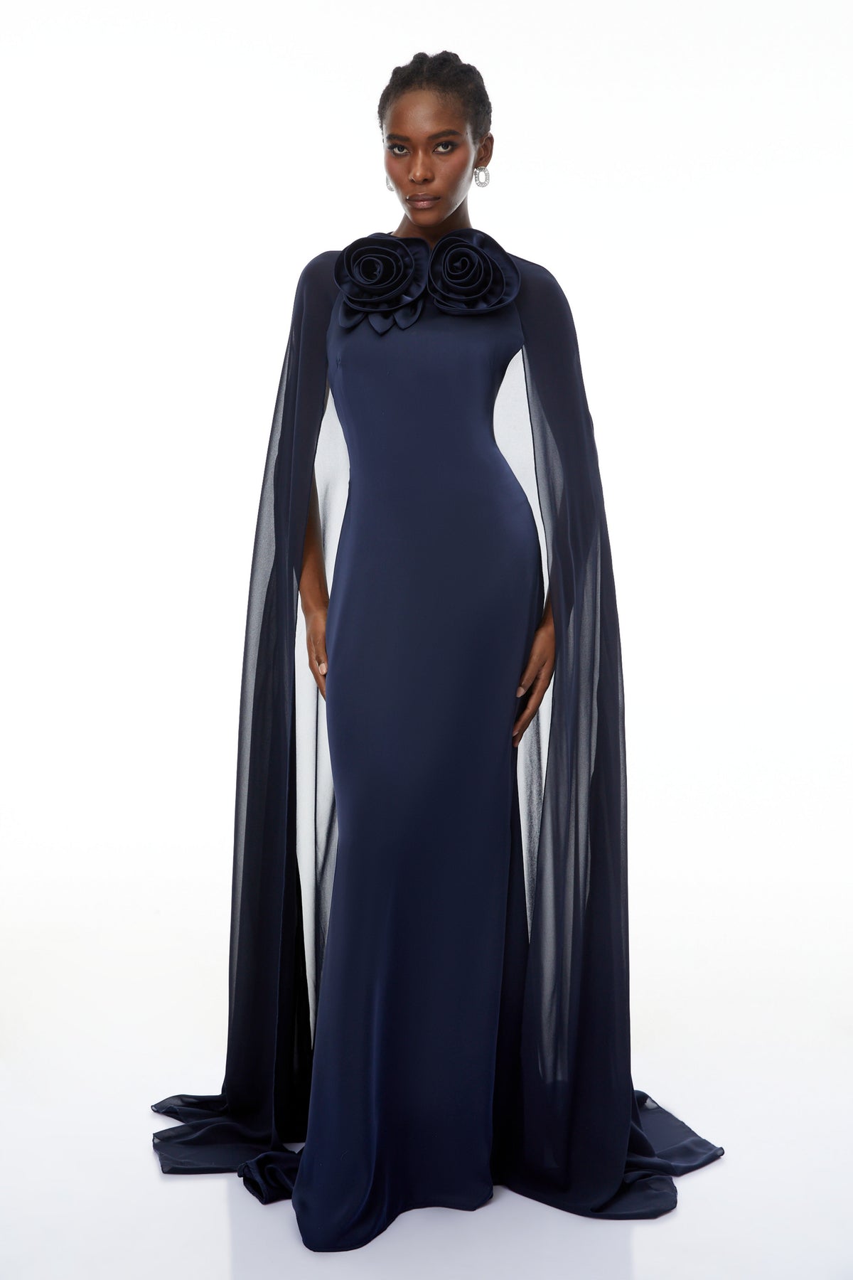 Riccardo Blue 3D Petal Cape Maxi Gown