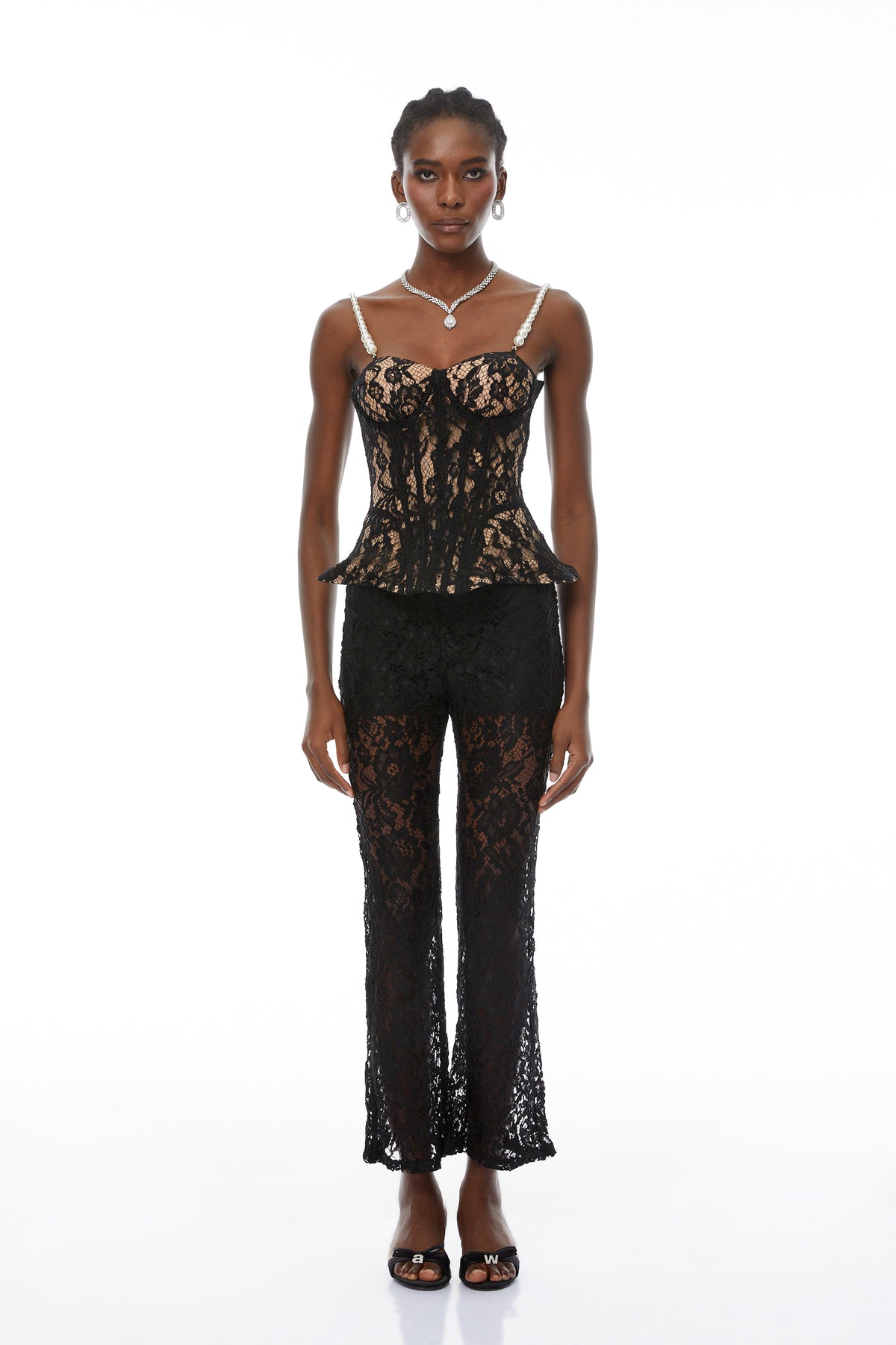 Védís Black Floral Lace Top & Trousers Set
