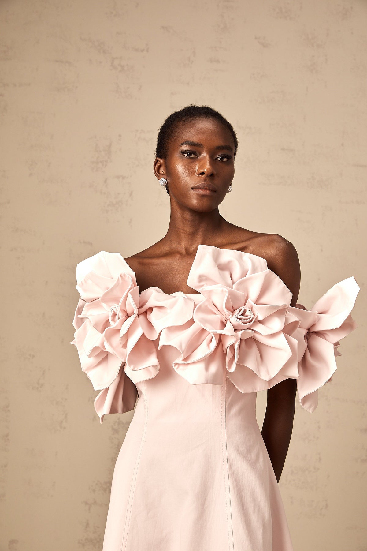 Juliette pink off-shoulder 3D-petal midi dress (Final Sale-US Only)