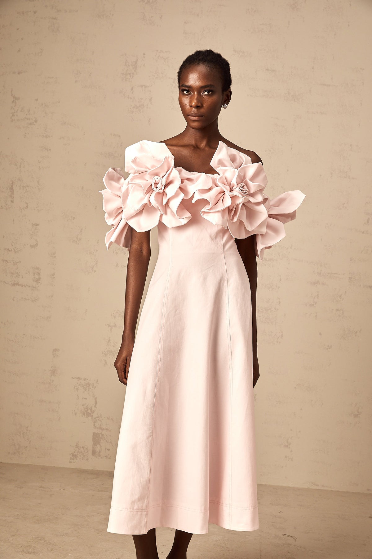 Juliette pink off-shoulder 3D-petal midi dress (Final Sale-US Only)