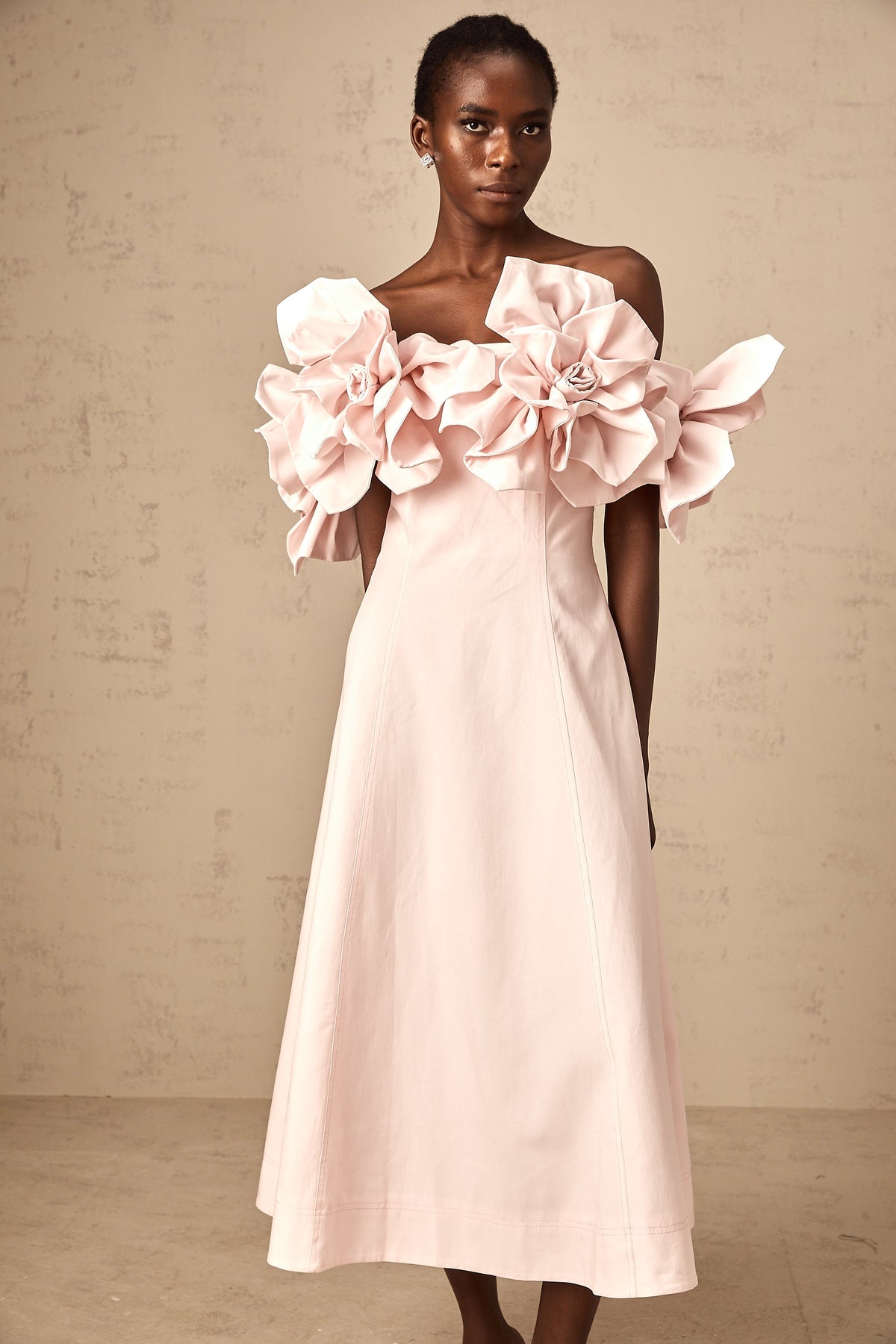 Juliette pink off-shoulder 3D-petal midi dress (Final Sale-US Only)