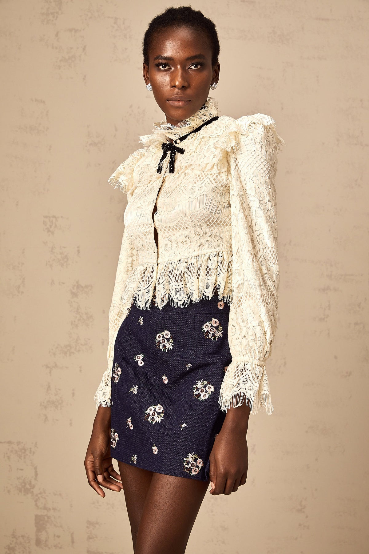 Anaelle off-white bowknot floral-lace blouse