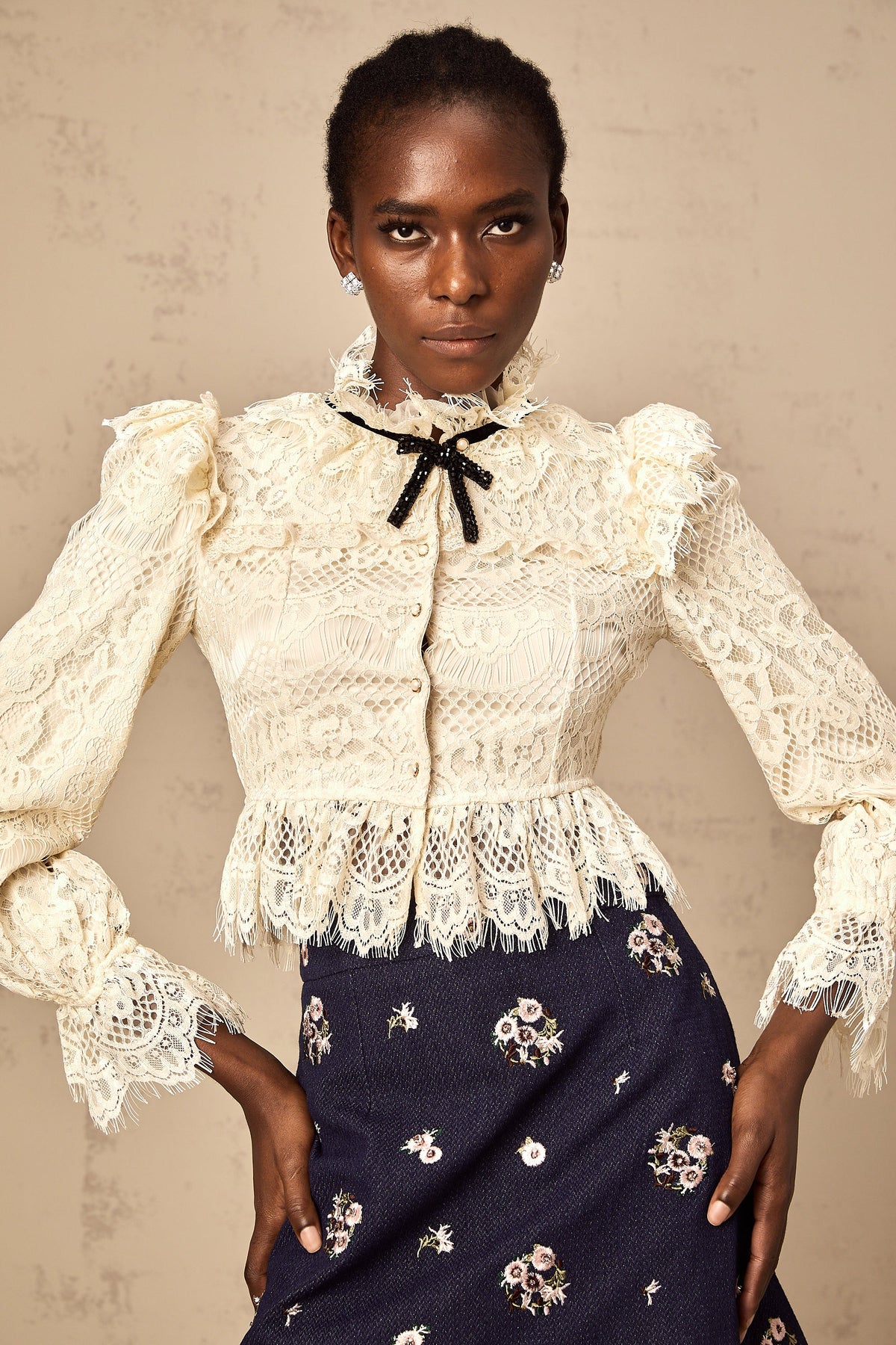 Anaelle off-white bowknot floral-lace blouse