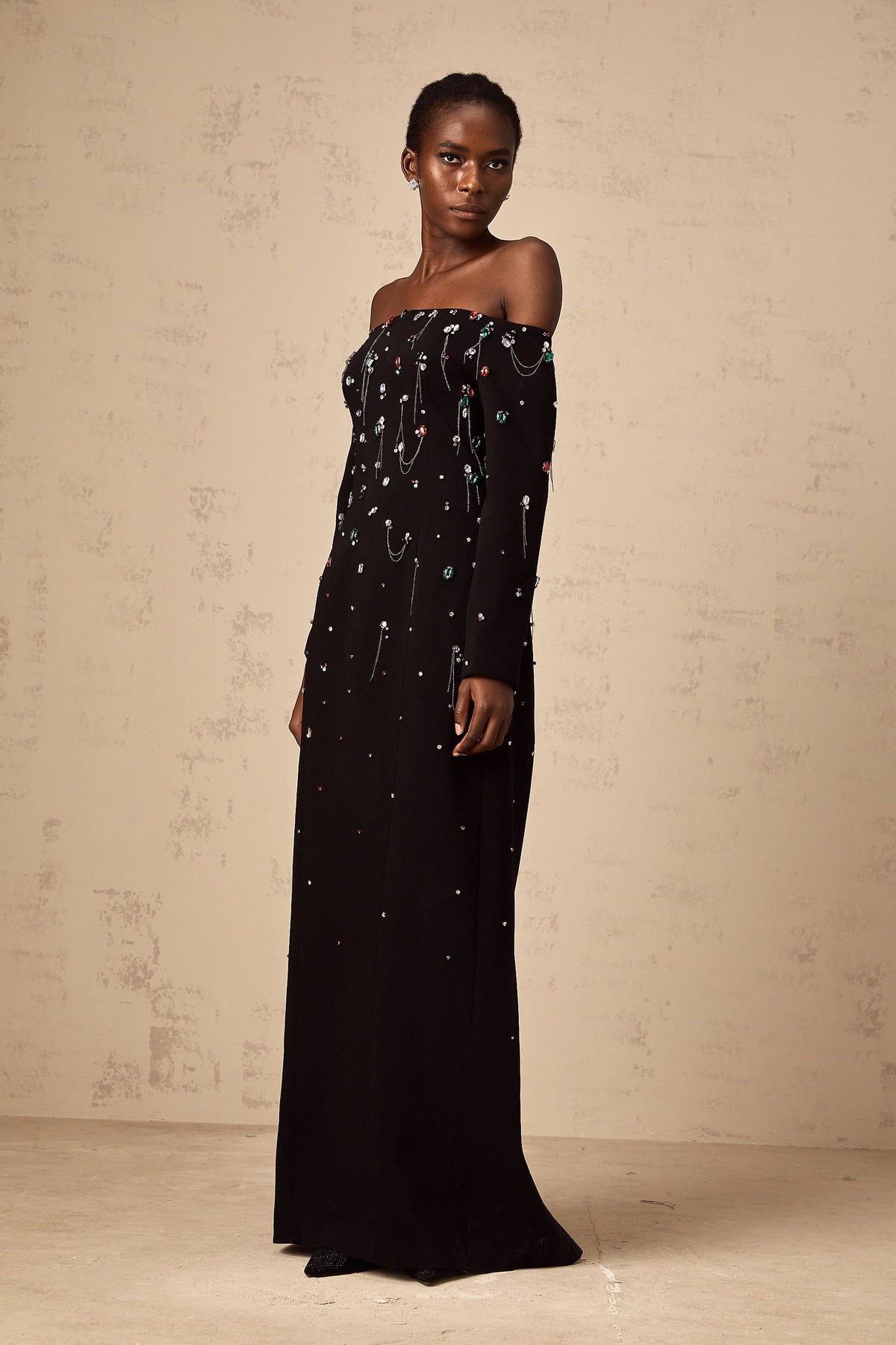 Gabrielle black crystal off-shoulder maxi dress (Final Sale)