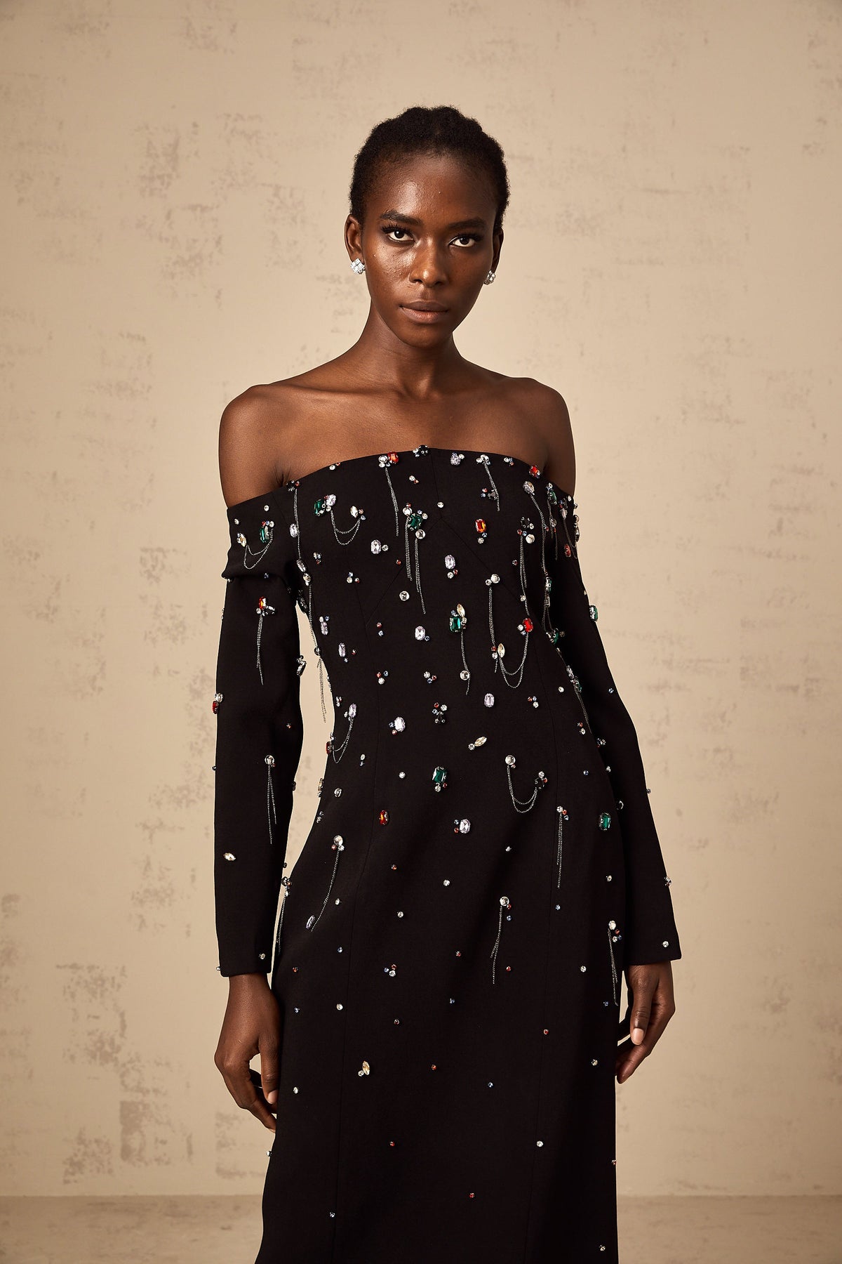 Gabrielle black crystal off-shoulder maxi dress (Final Sale)