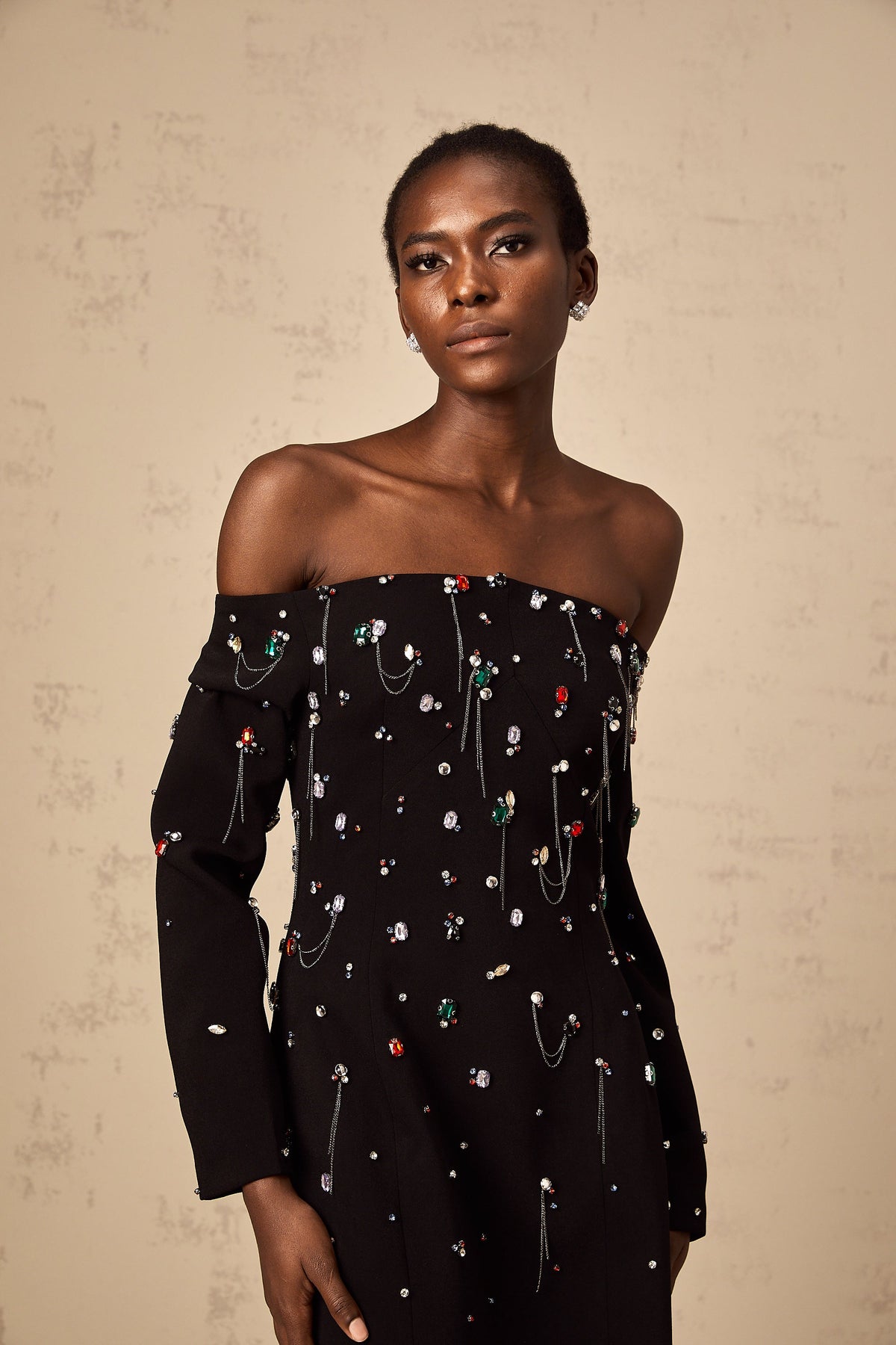 Gabrielle black crystal off-shoulder maxi dress (Final Sale)