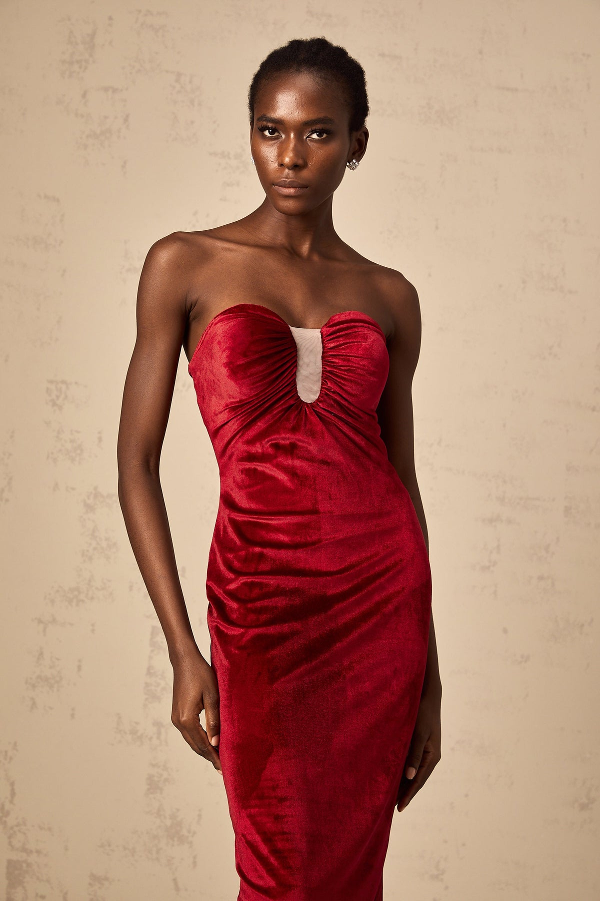 Tiphaine red gathered-detail velvet midi dress