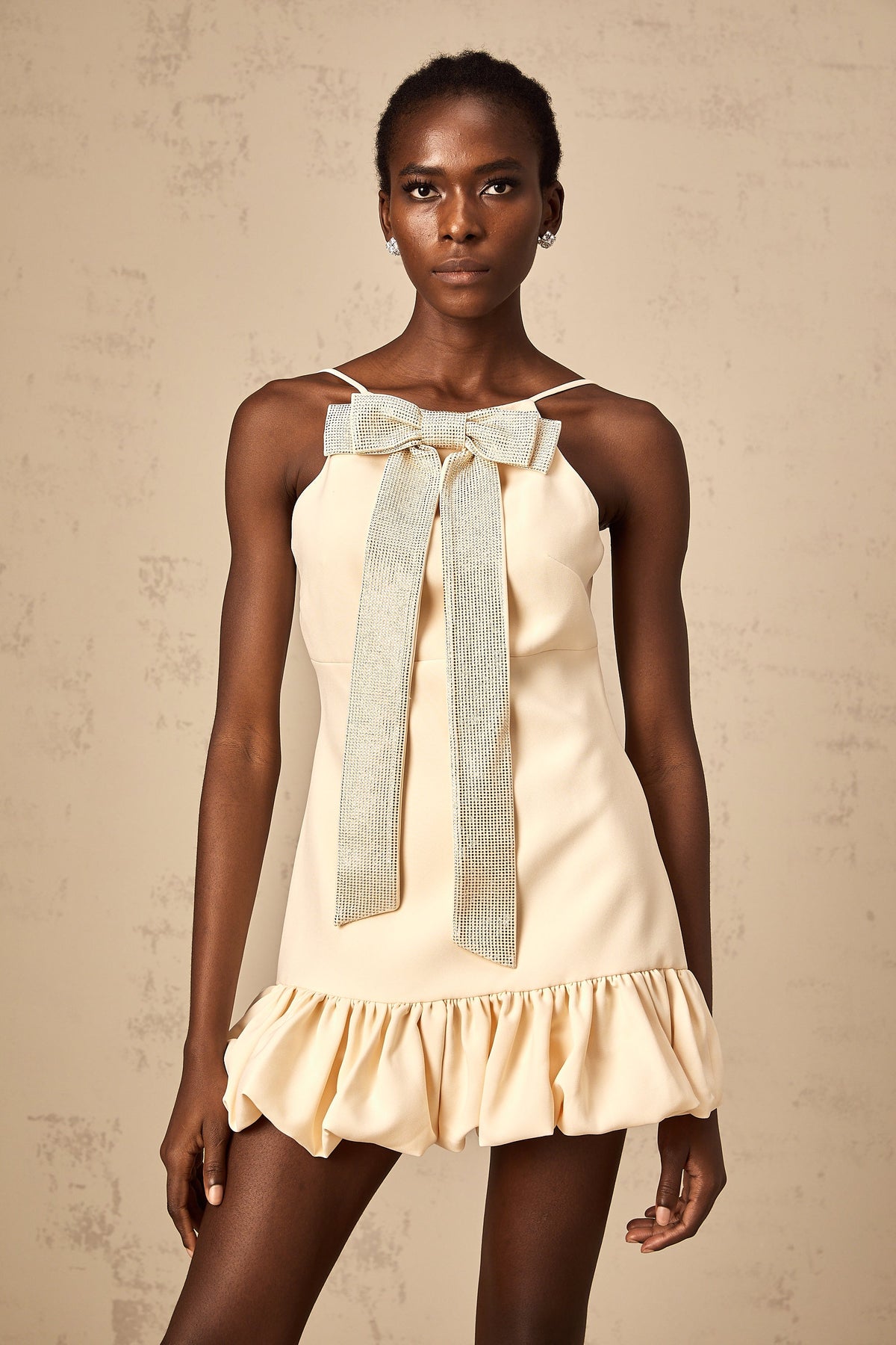 Hannah neutrals bow rhinestone mini dress