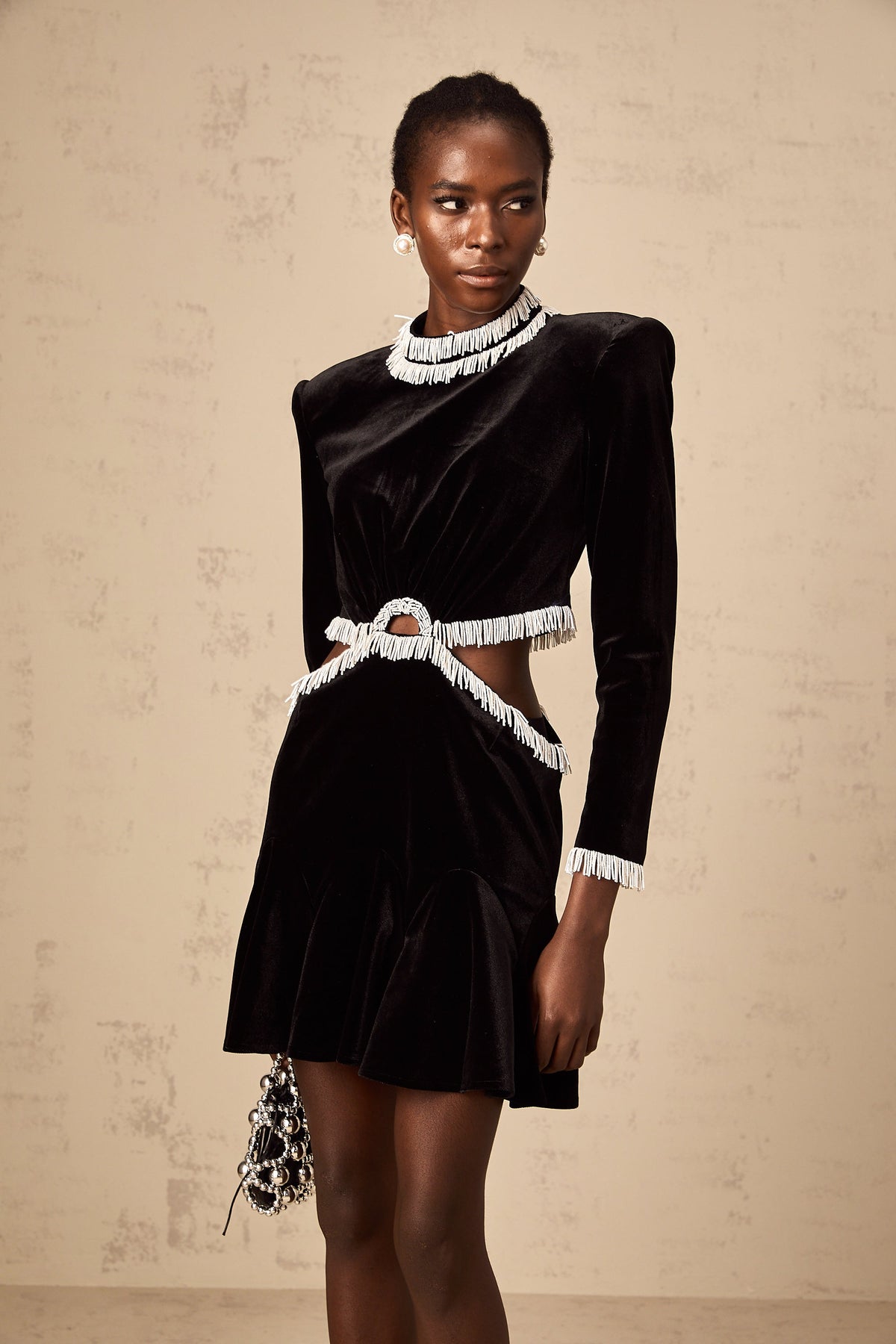 Daniela black cut-out fringed velvet mini dress