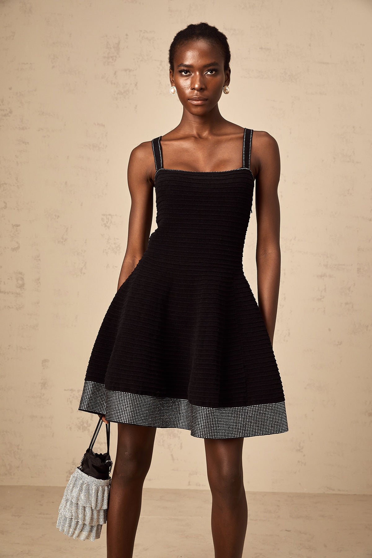 Éliane black studded flared knit mini dress