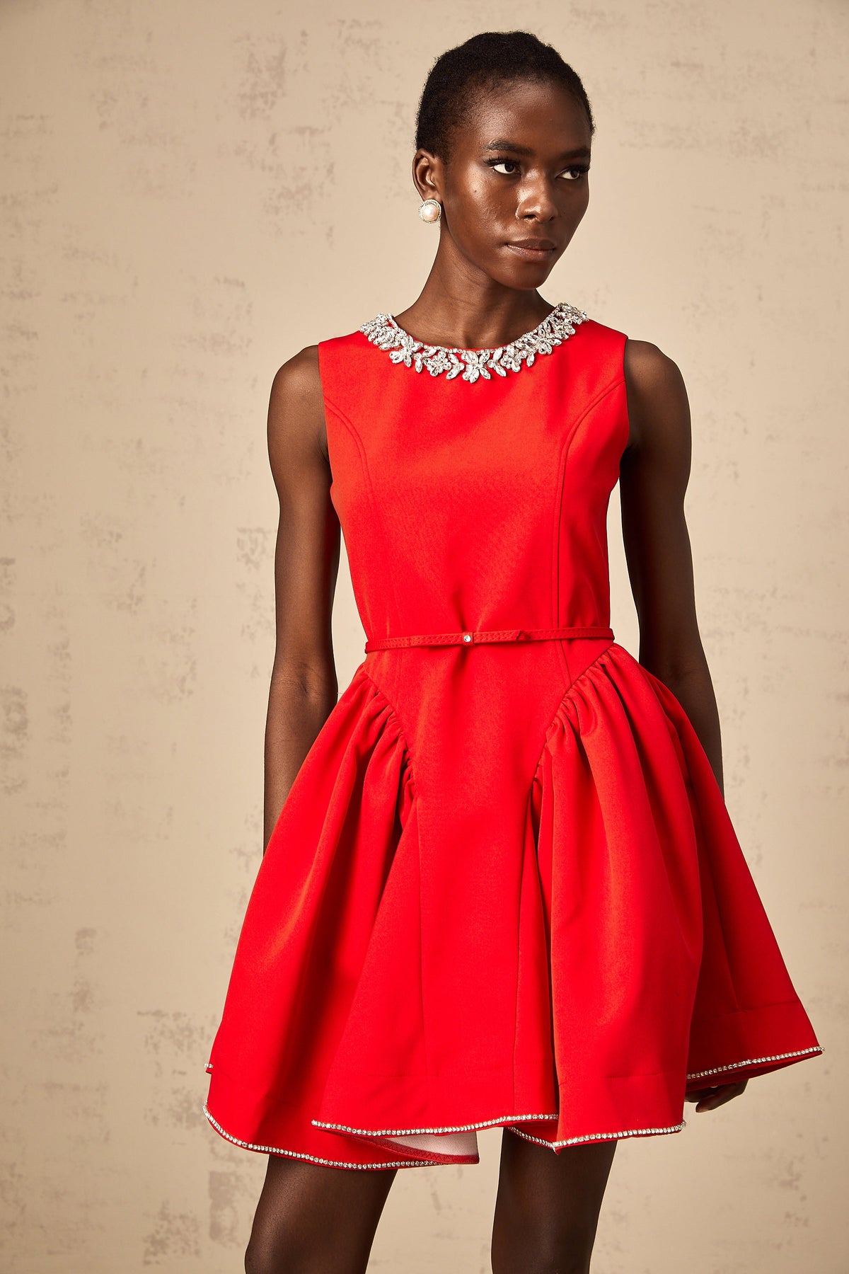 Léonie red embellished pleated mini dress