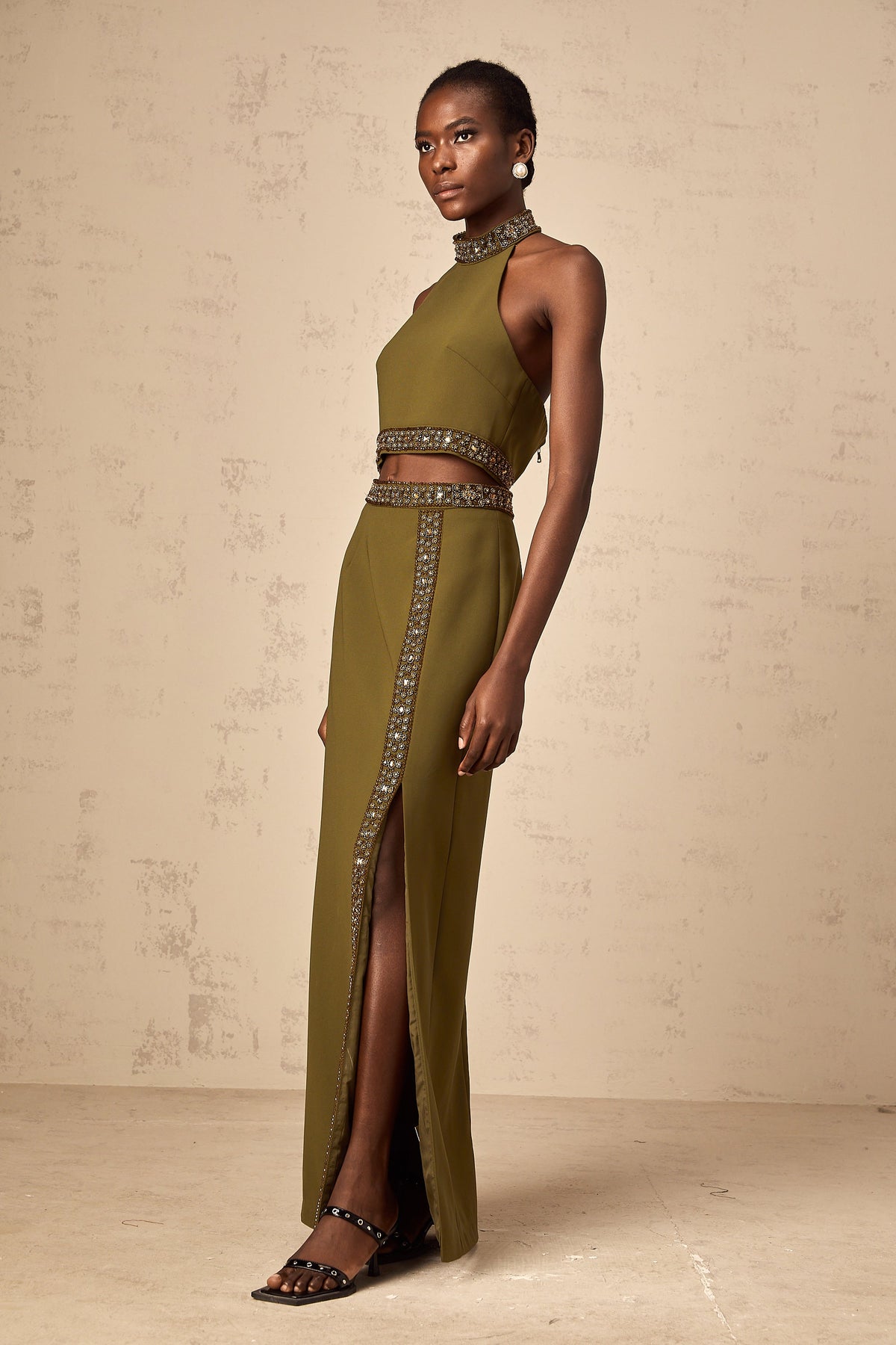 Daisy green beaded-trim top & skirt matching set