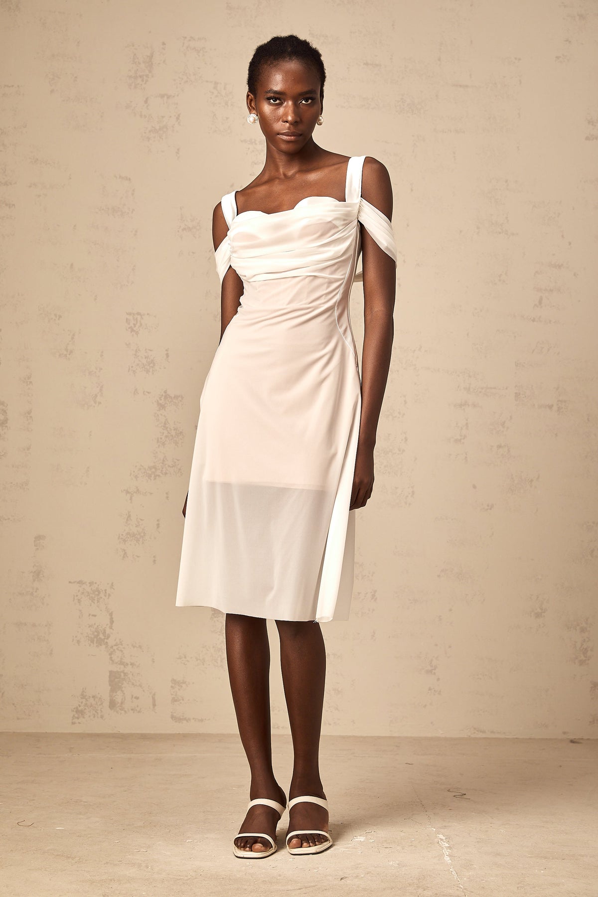 Gloria white semi-sheer ruched midi dress
