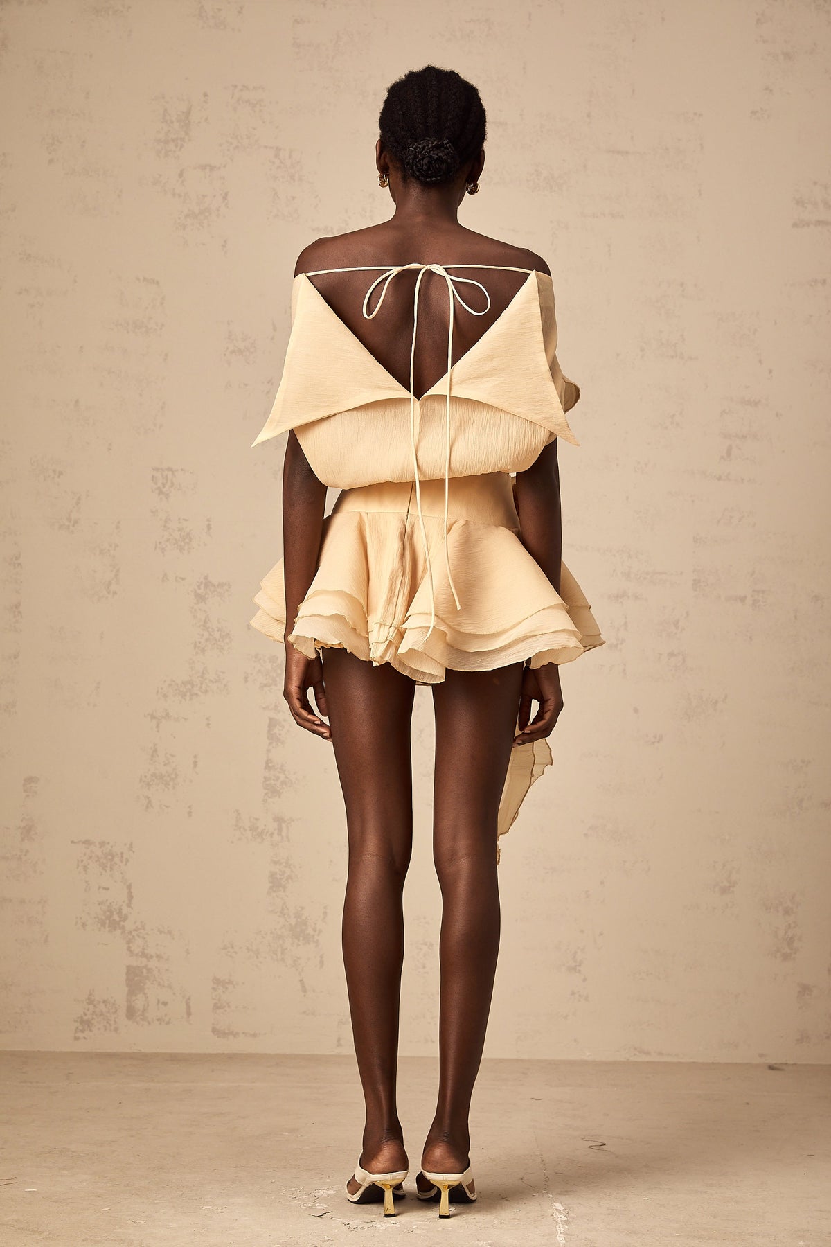 Amélie floral-appliqué flounced mini dress in Neutrals