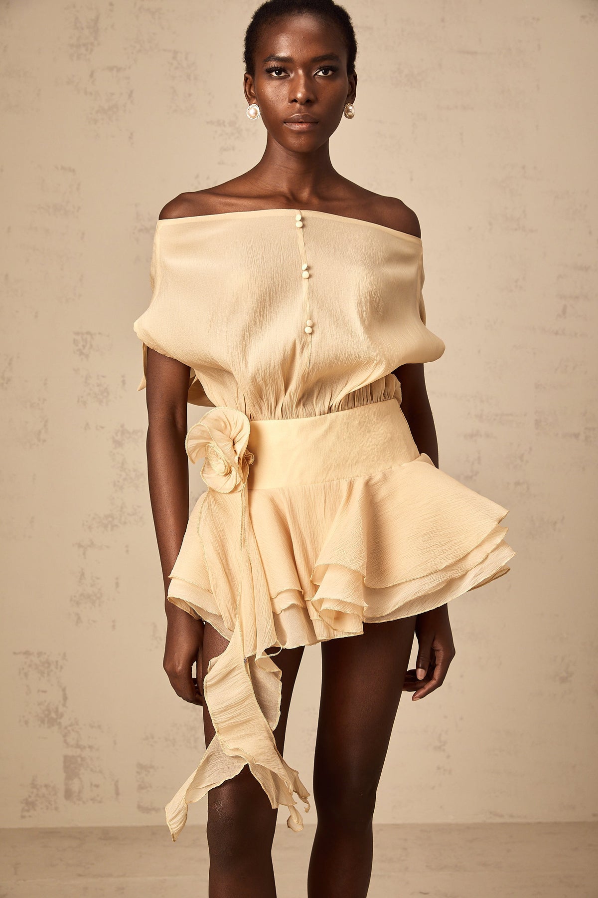 Amélie floral-appliqué flounced mini dress in Neutrals
