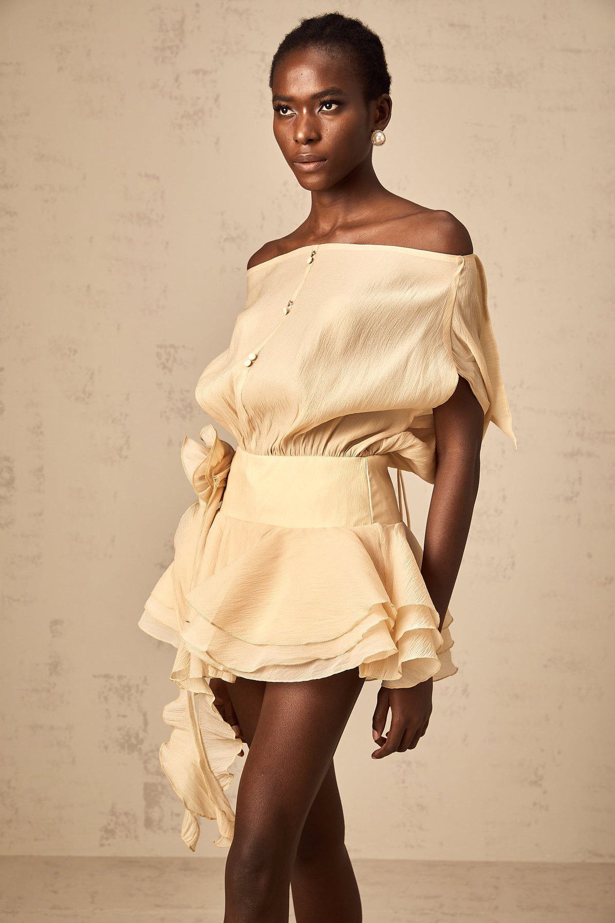Amélie floral-appliqué flounced mini dress in Neutrals
