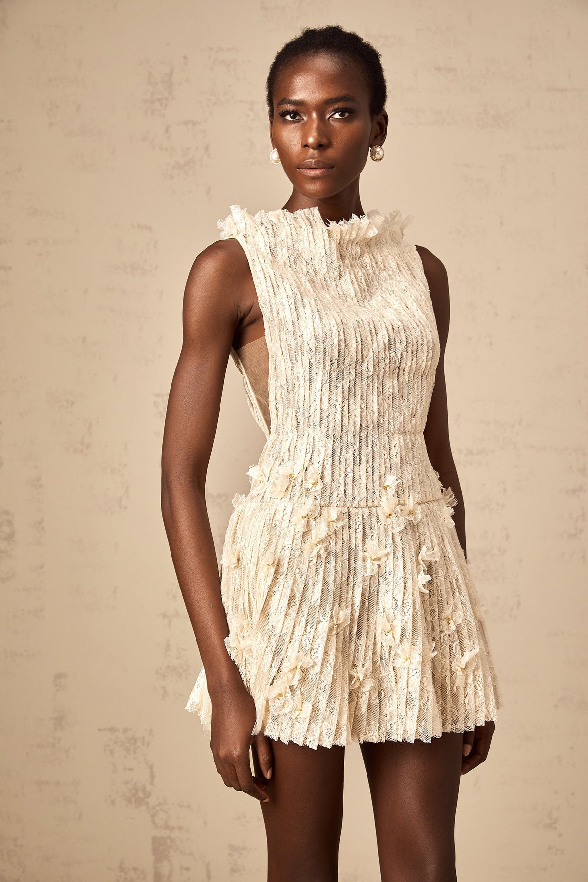 Josseline semi-sheer creased lace mini dress
