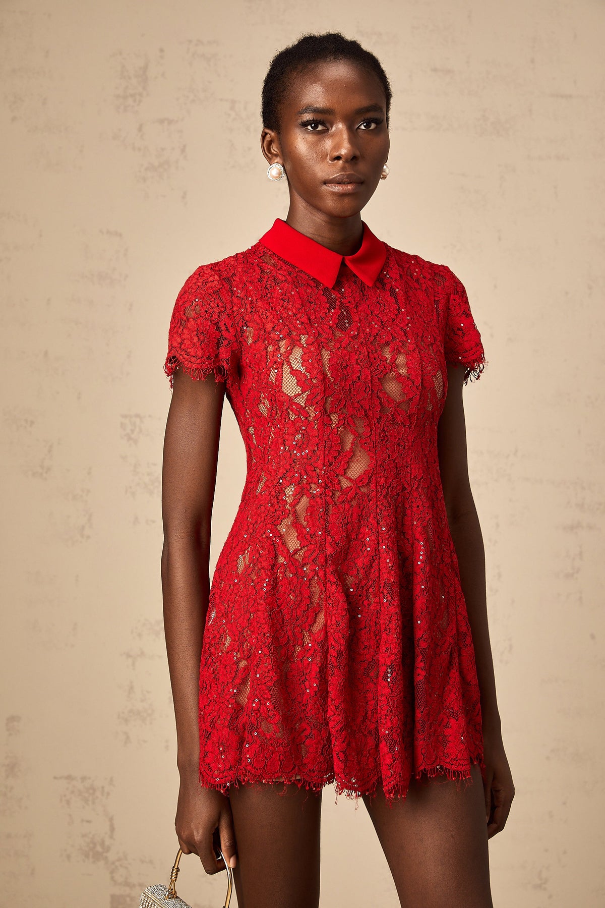 Hanne red sequined lace mini dress