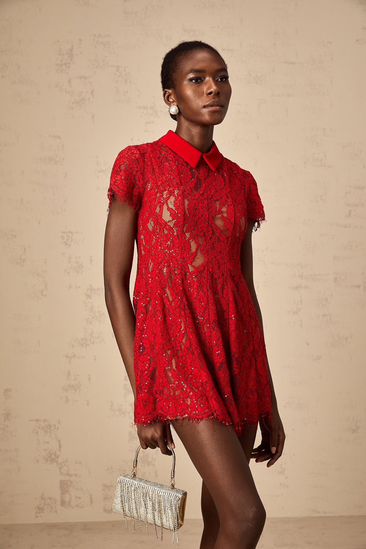 Hanne red sequined lace mini dress