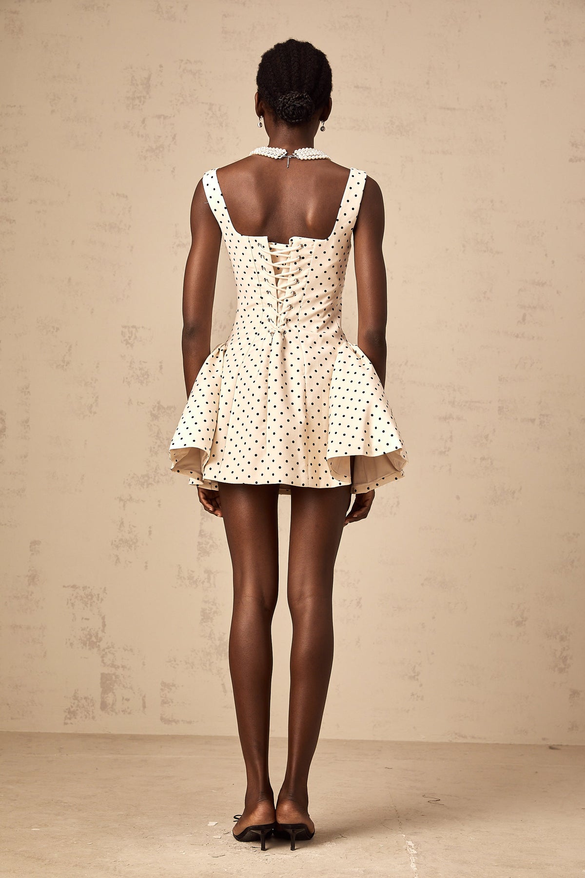 Geneviève neutrals polka-dot puff mini dress