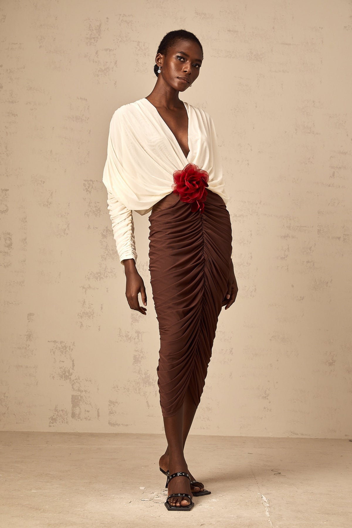 Léontine color-blocked flower-brooch ruched midi dress (Final Sale-US Only)