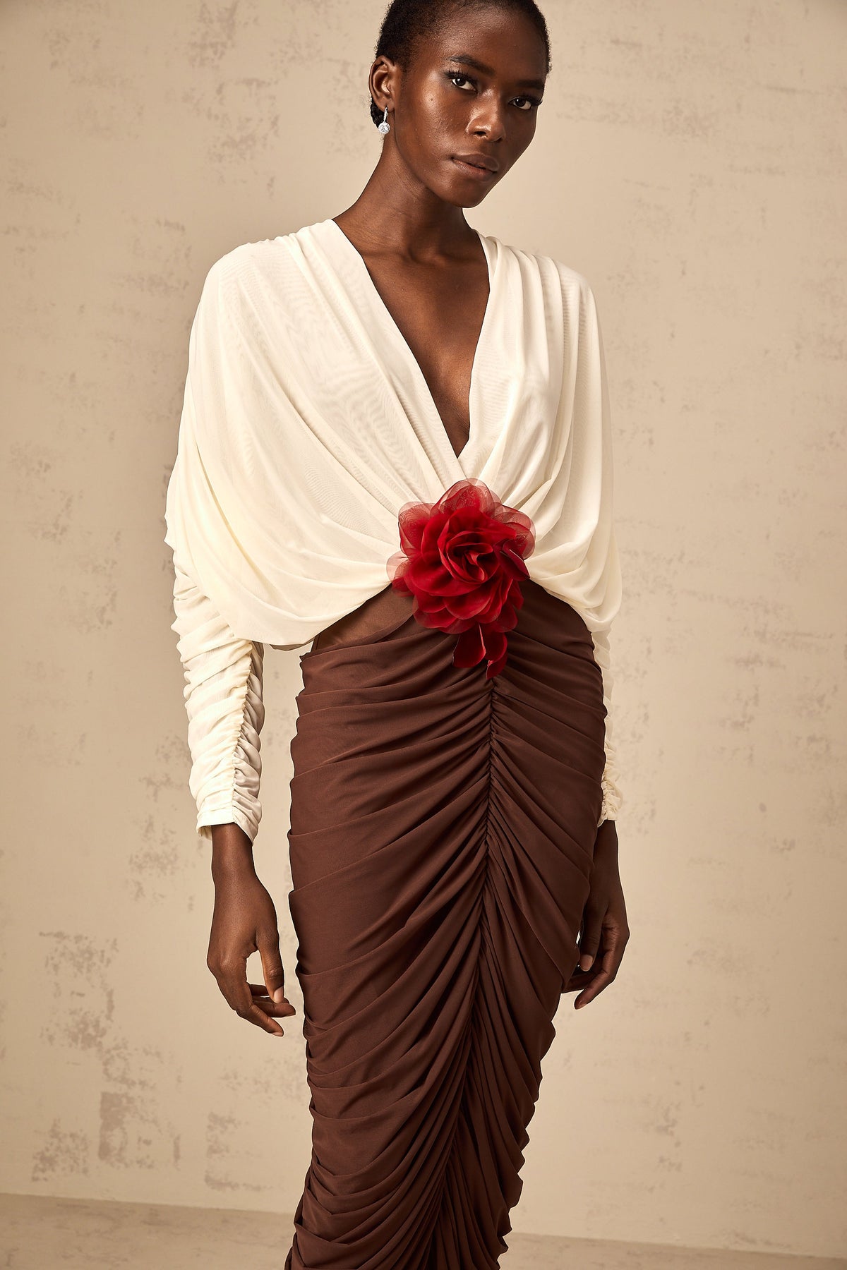 Léontine color-blocked flower-brooch ruched midi dress (Final Sale-US Only)