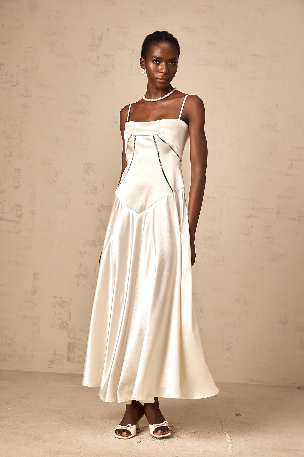 Claudia white flared satin maxi dress
