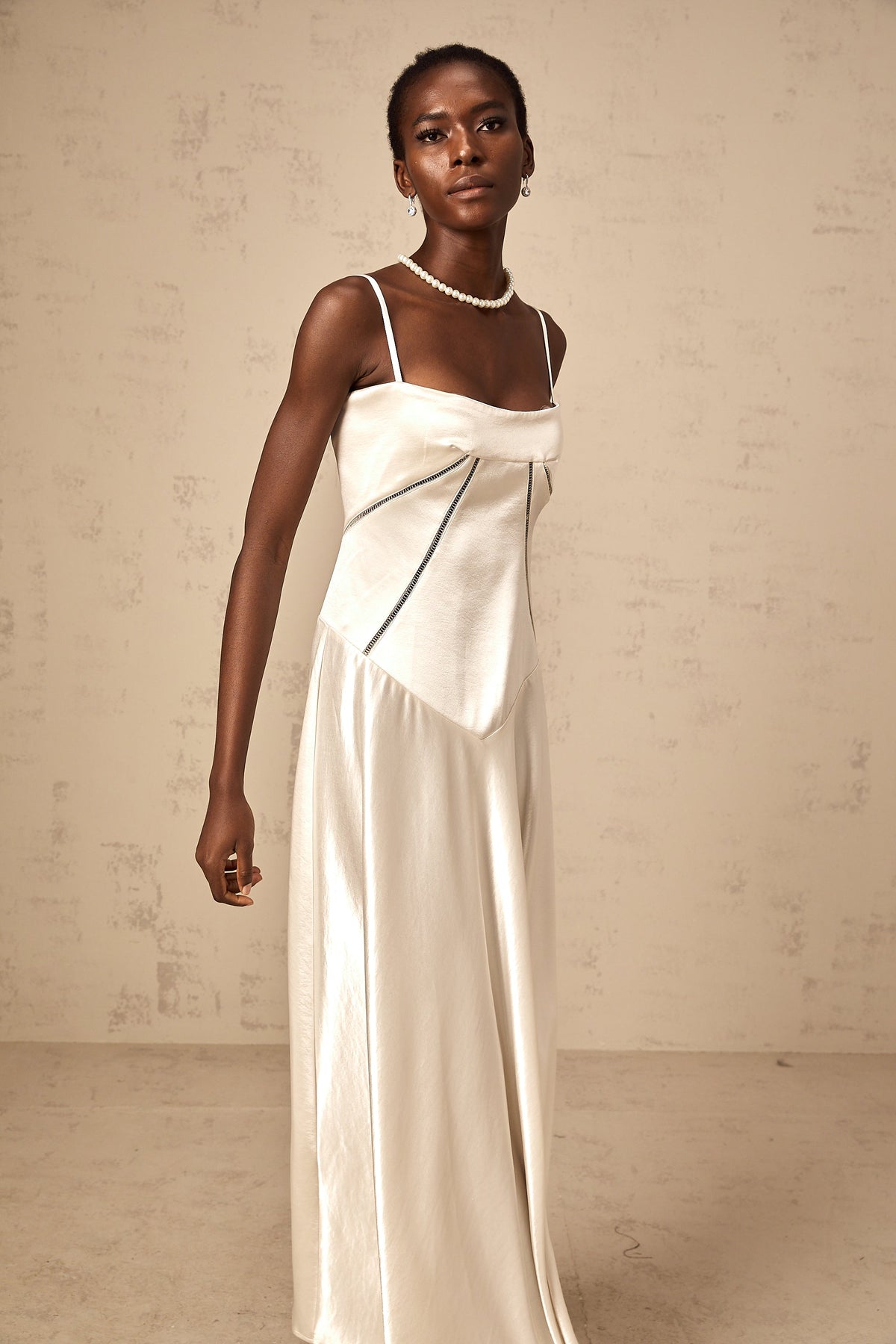 Claudia white flared satin maxi dress