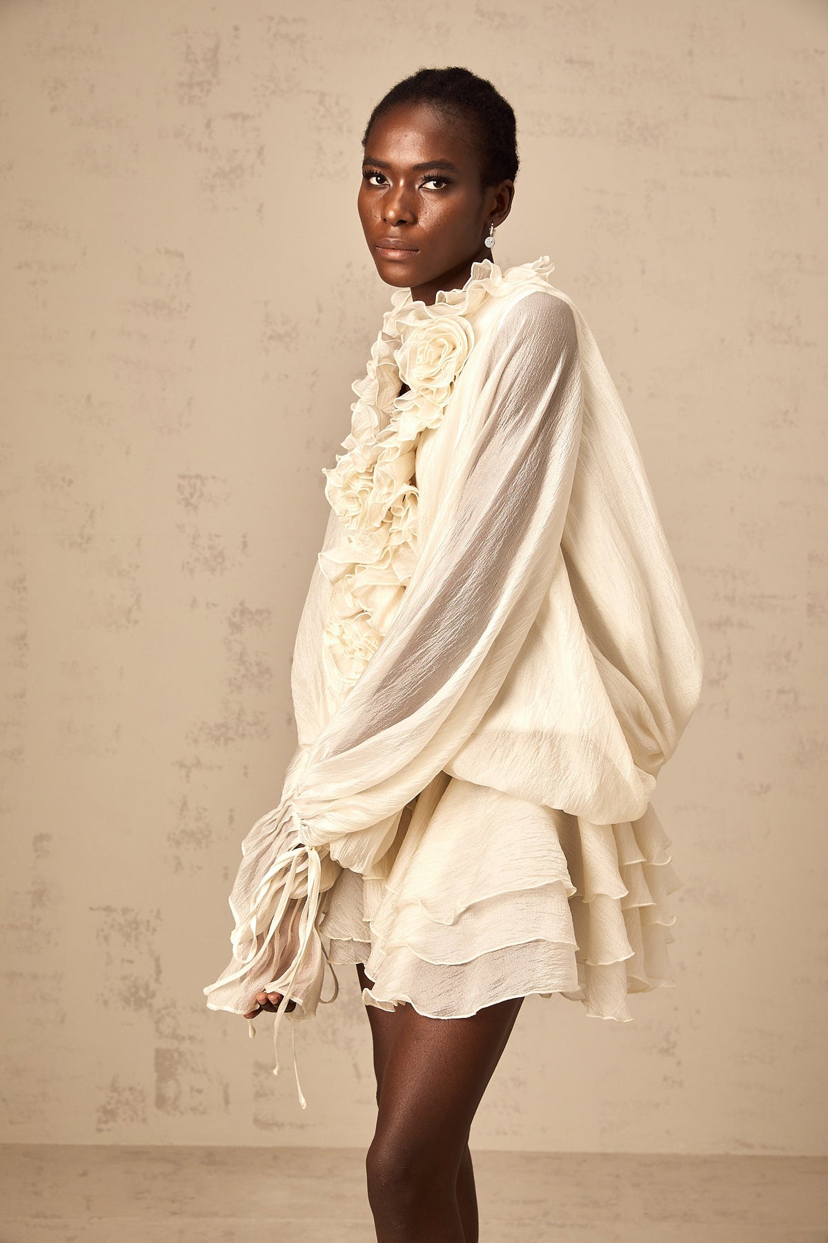 Zéphyrine floral-appliqué tiered mini dress in Neutrals