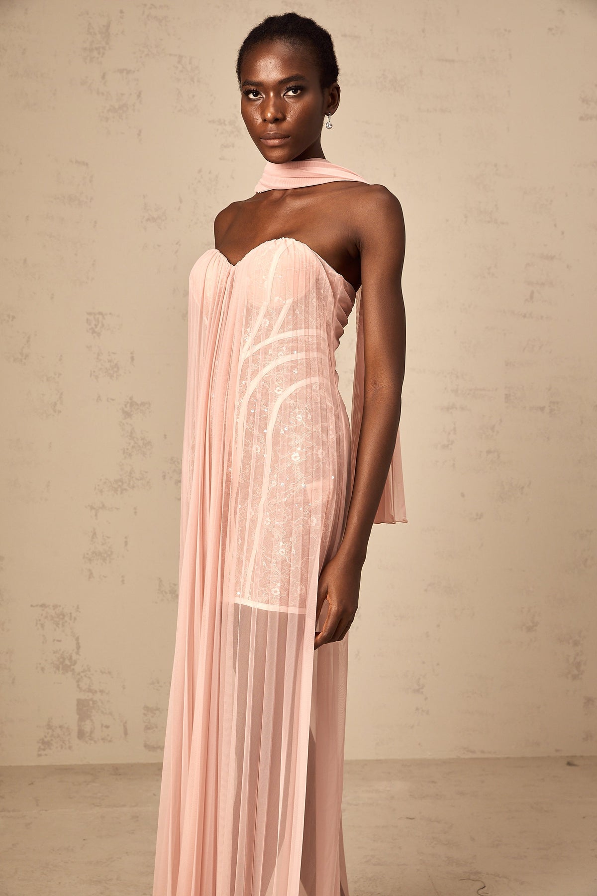 Monique ribbon-design pleated tulle maxi dress in Pink