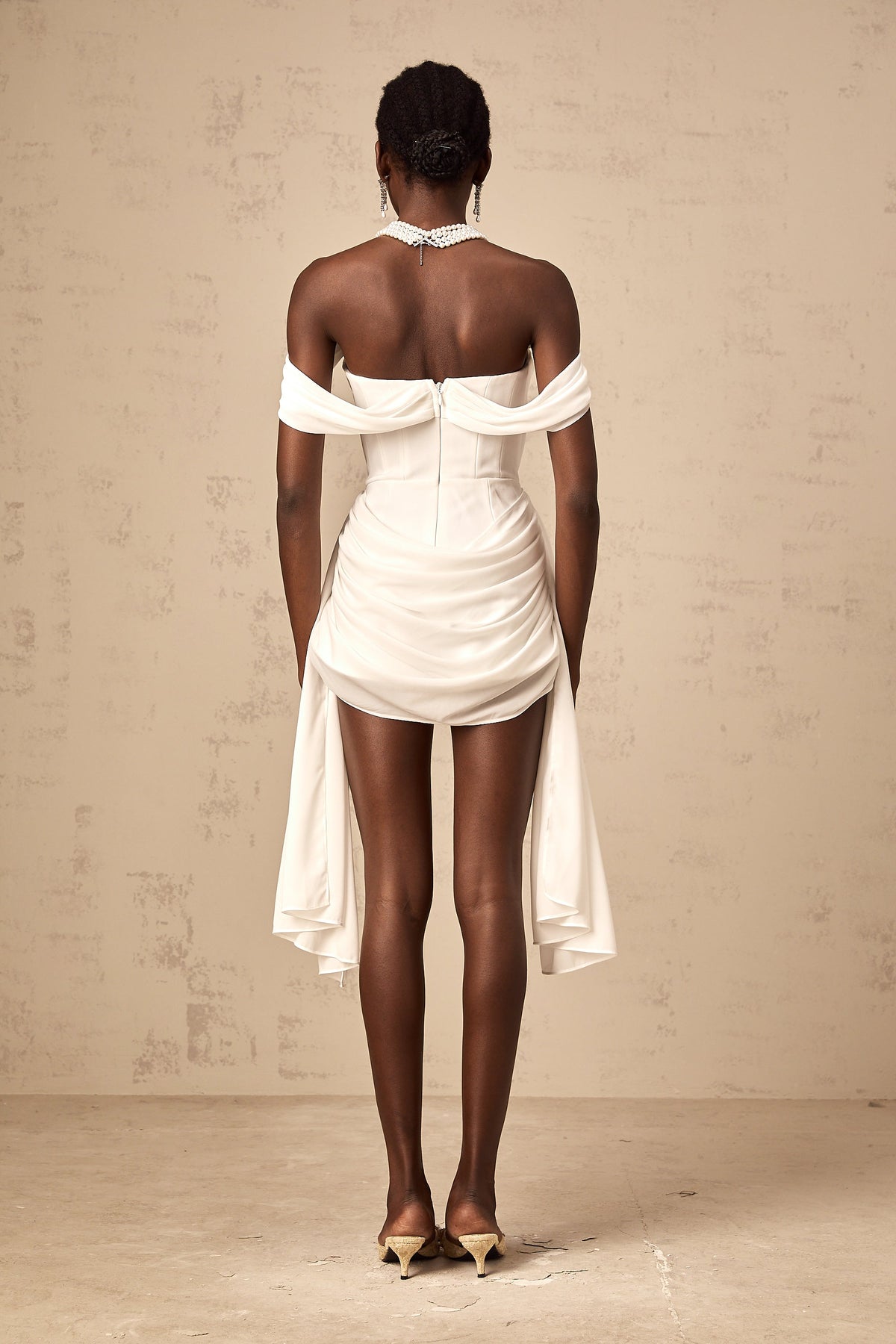 Gitta white ribbon-design ruched mini dress