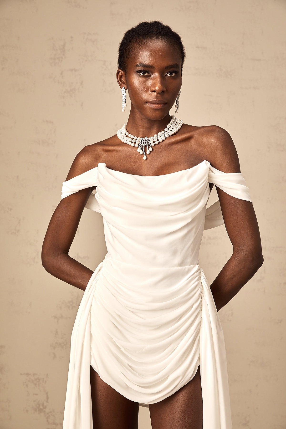 Gitta white ribbon-design ruched mini dress
