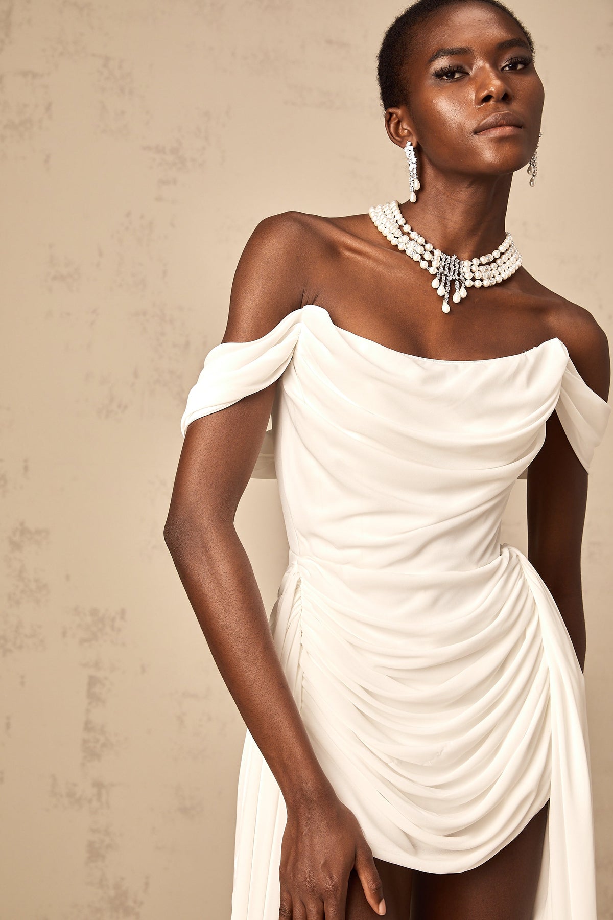 Gitta white ribbon-design ruched mini dress