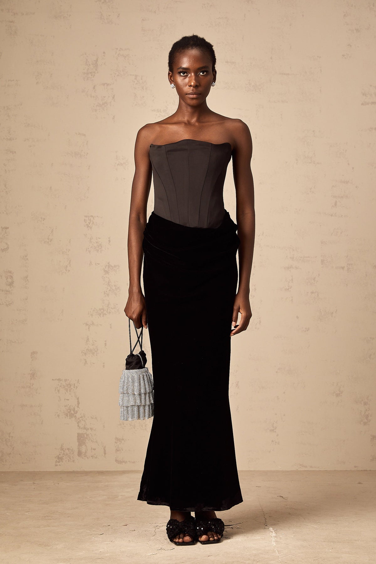 Aurore black velvet off-shoulder maxi dress