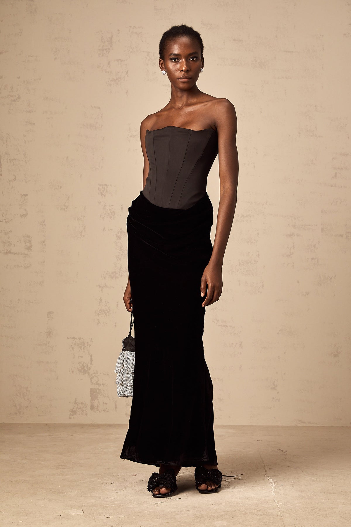 Aurore black velvet off-shoulder maxi dress