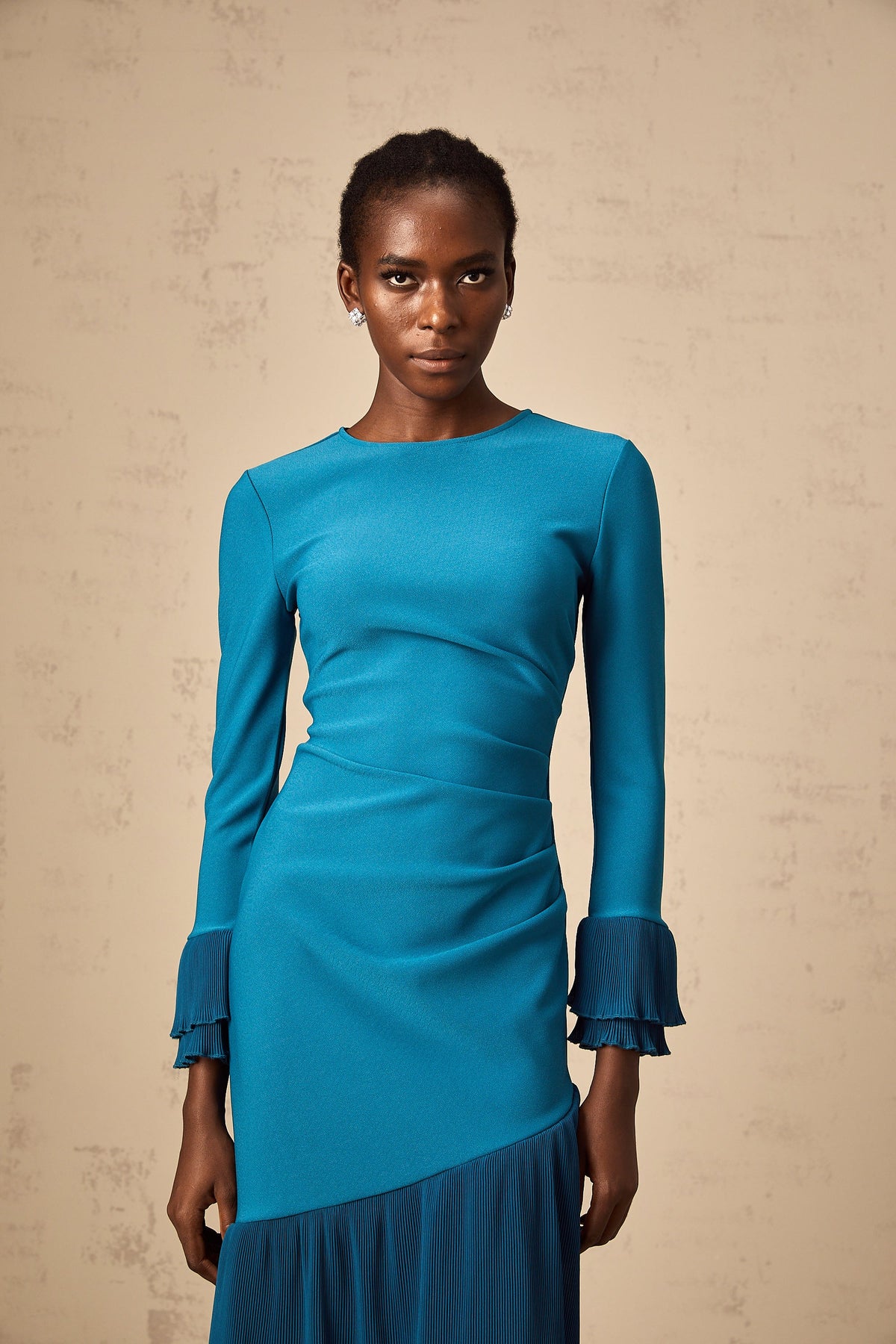 Fleurida ruffled-trim panelled midi dress in Blue