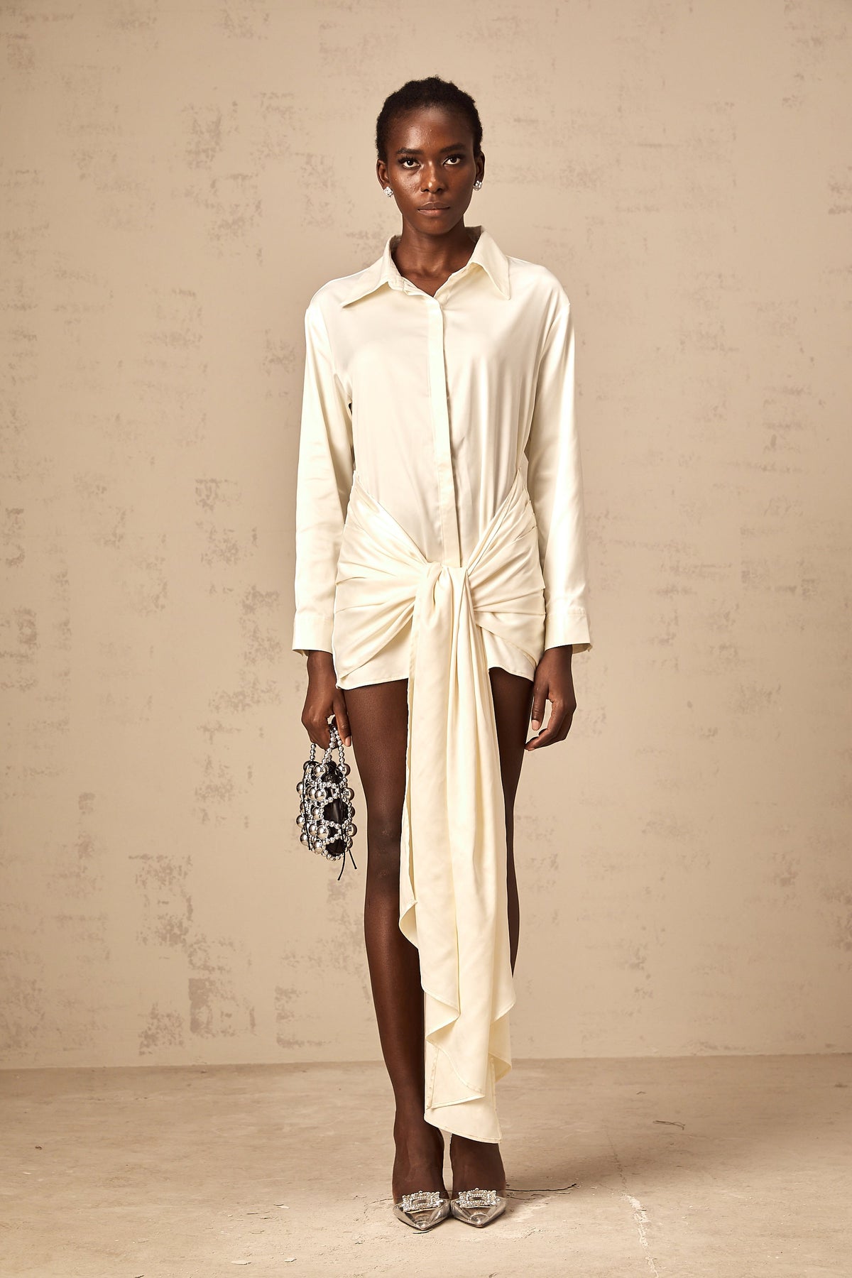 Daphné white ribbon ruched mini shirt dress
