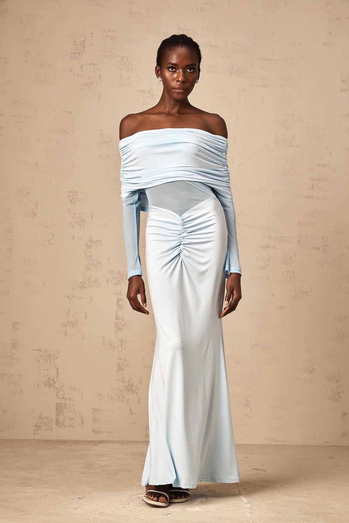 Ninon blue off-shoulder ruched maxi dress
