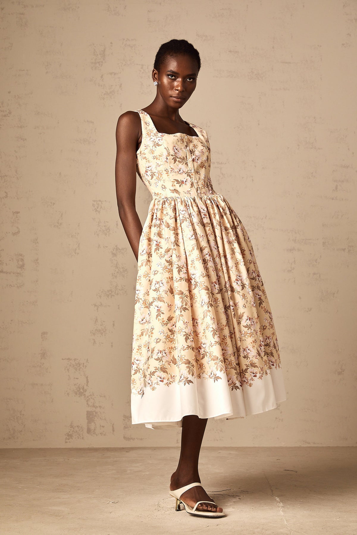 Alizée yellow floral-print buttoned midi dress