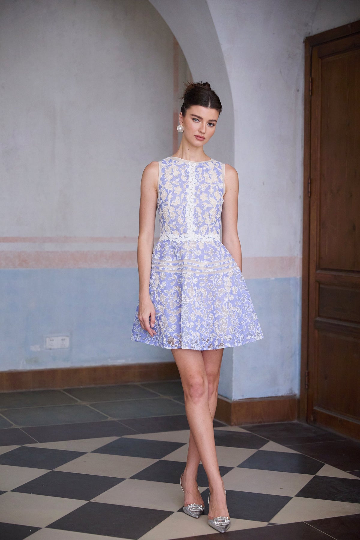 Brigitte blue crochet-lace puff mini dress