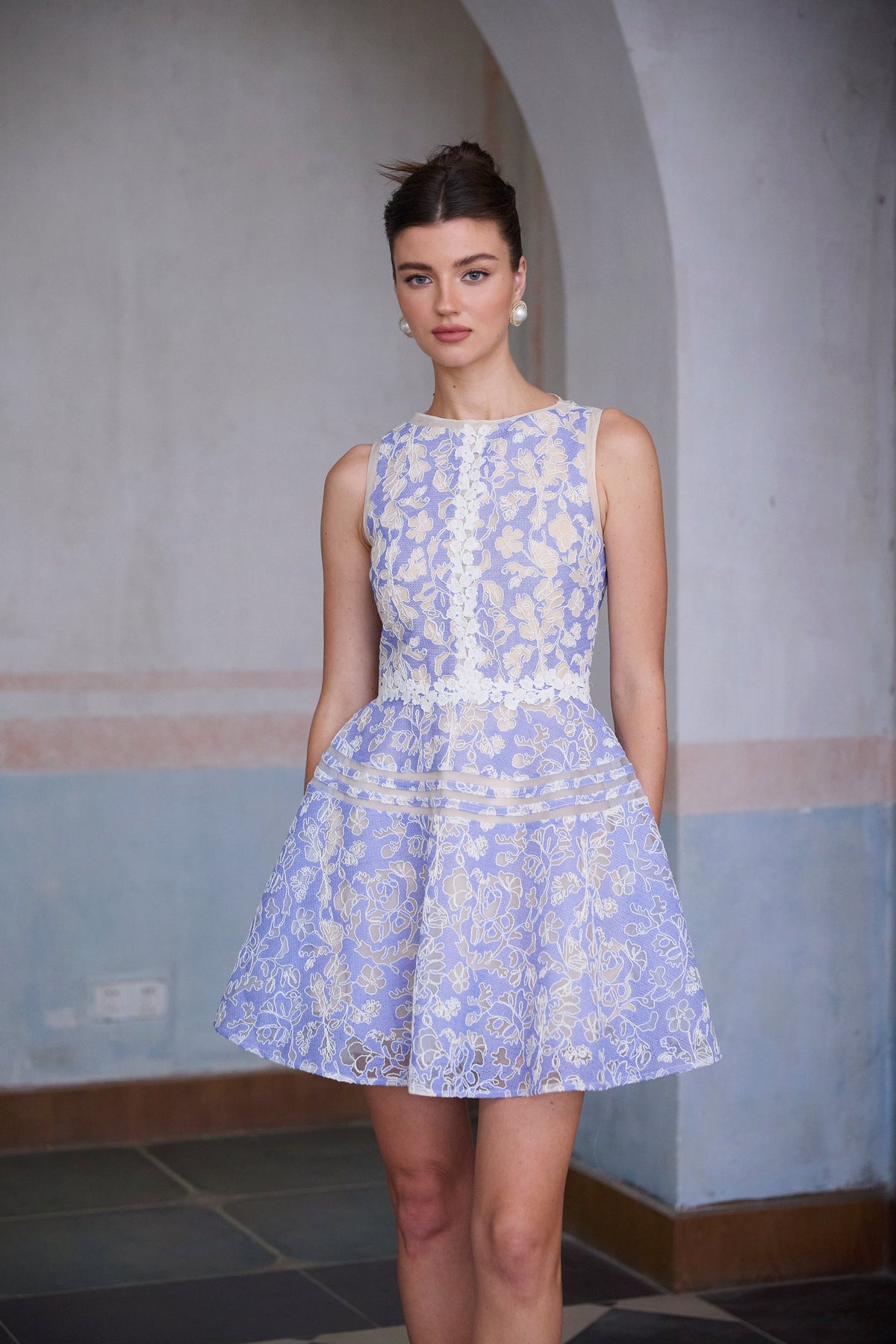 Brigitte Blue Crochet Lace Puff Sleeve Mini Dress (Final Sale-US Only)