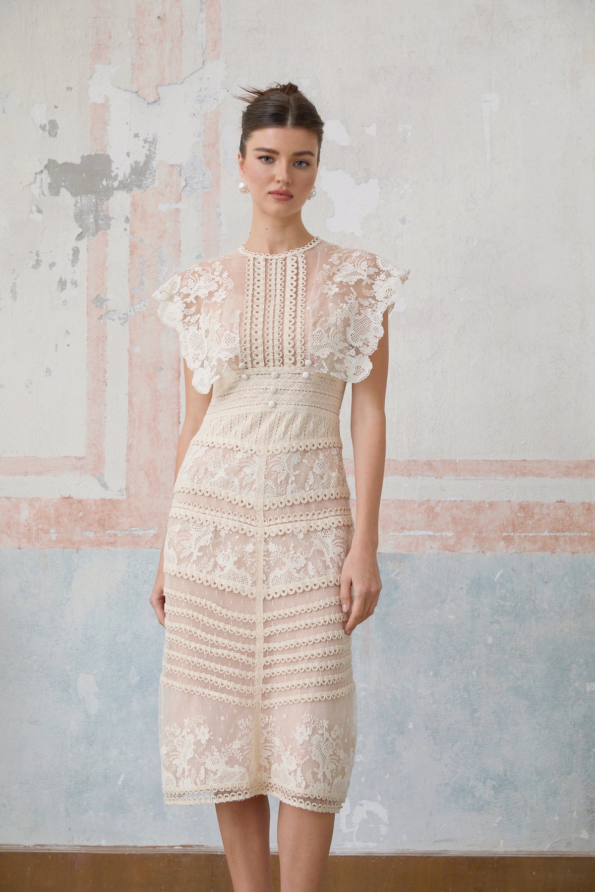 Fleur floral-embroidered lace midi dress in Neutrals