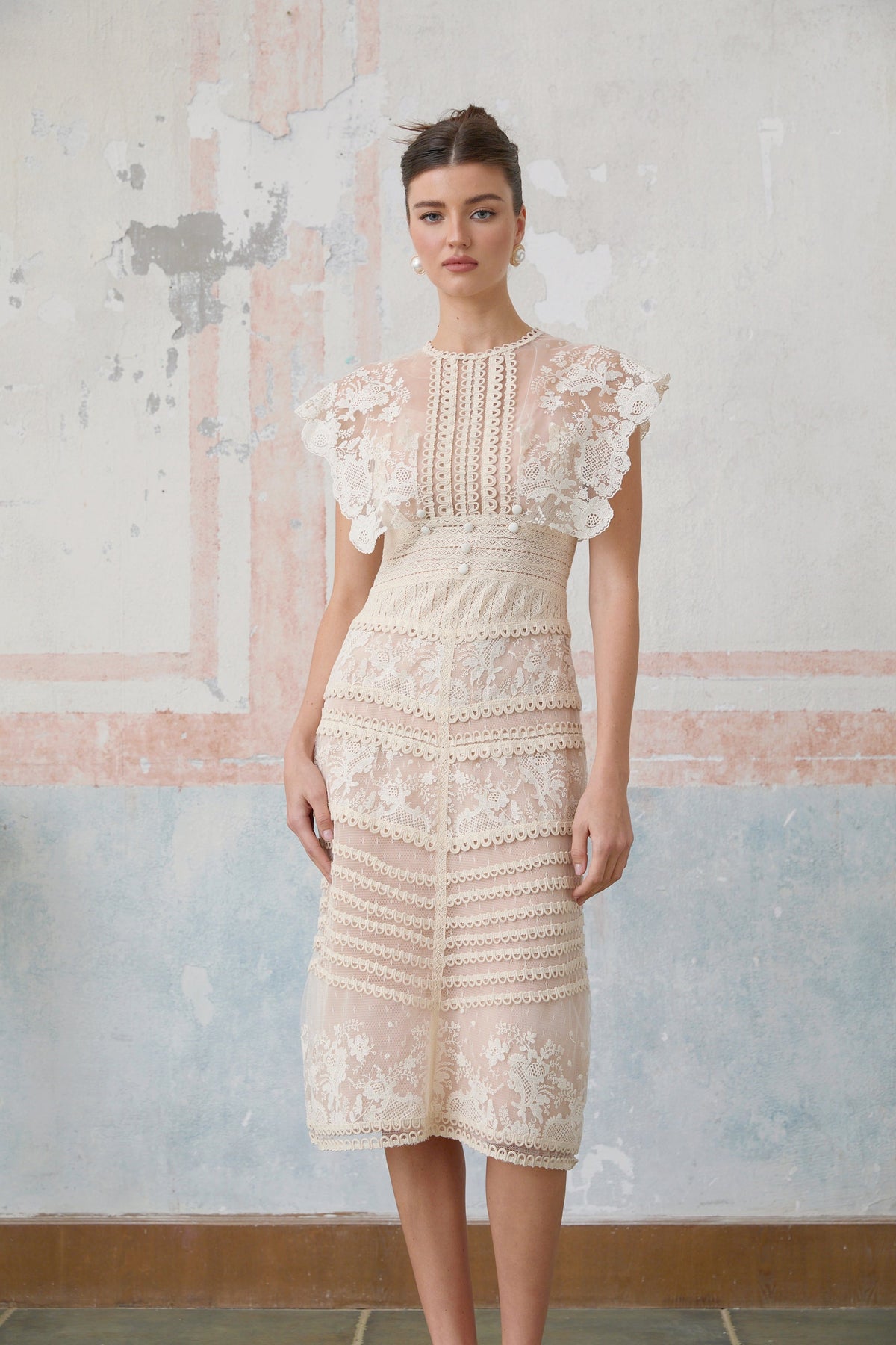 Fleur floral-embroidered lace midi dress in Neutrals